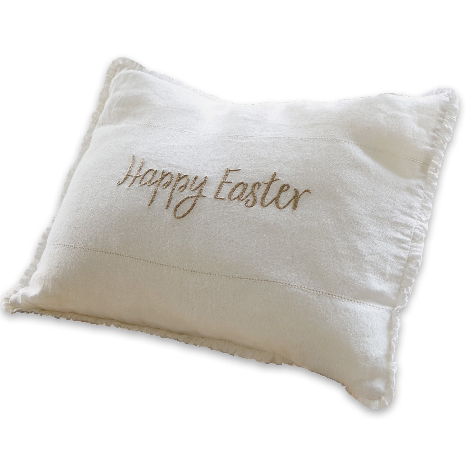 Poduszka Happy Easter Biała lniana poduszka dekoracyjna z haftem Happy Easter, ozdoba wielkanocna do domu