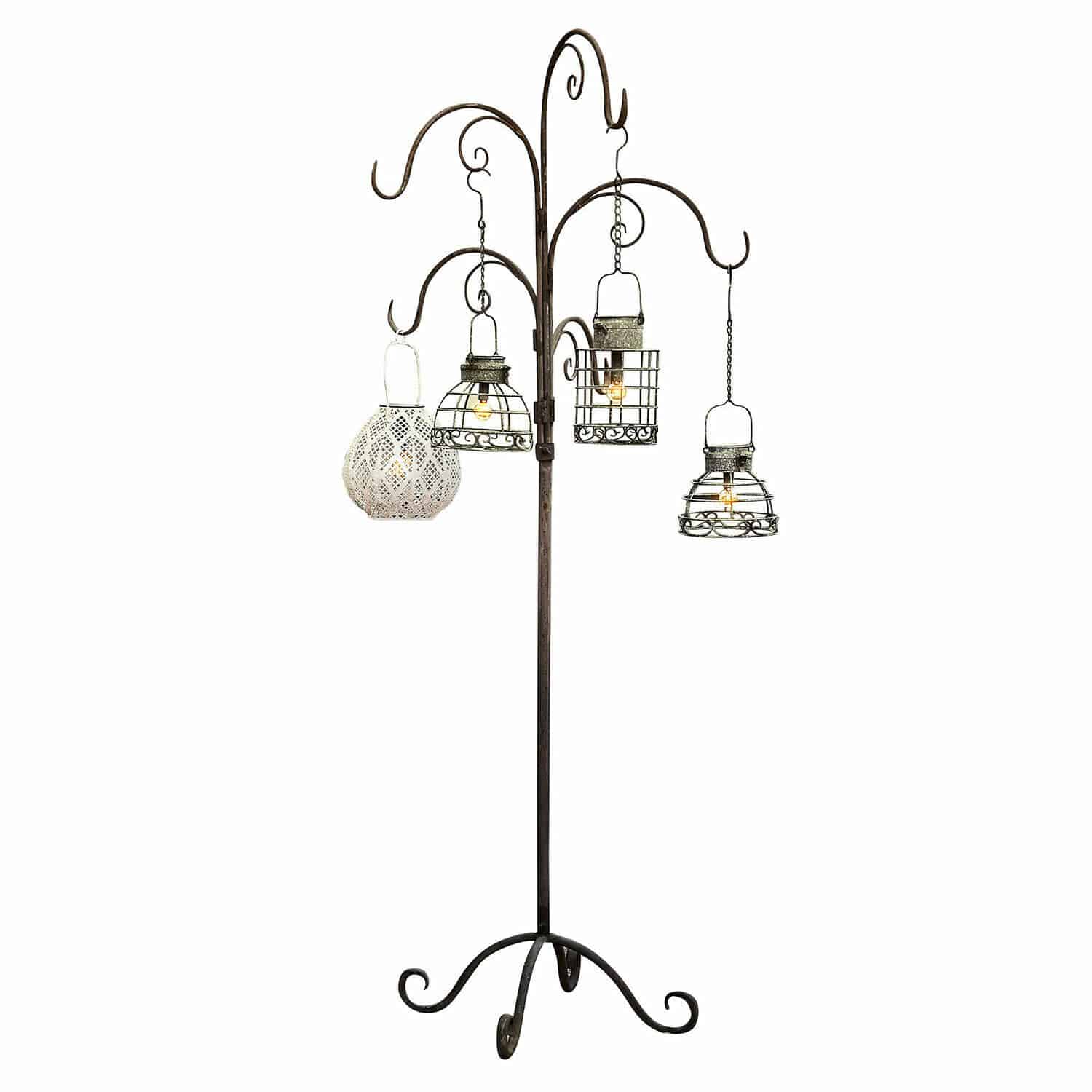 Stojak Merisette Stojak z metalu z czterema wiszącymi lampionami w stylu vintage do dekoracji wnętrz i ogrodu
