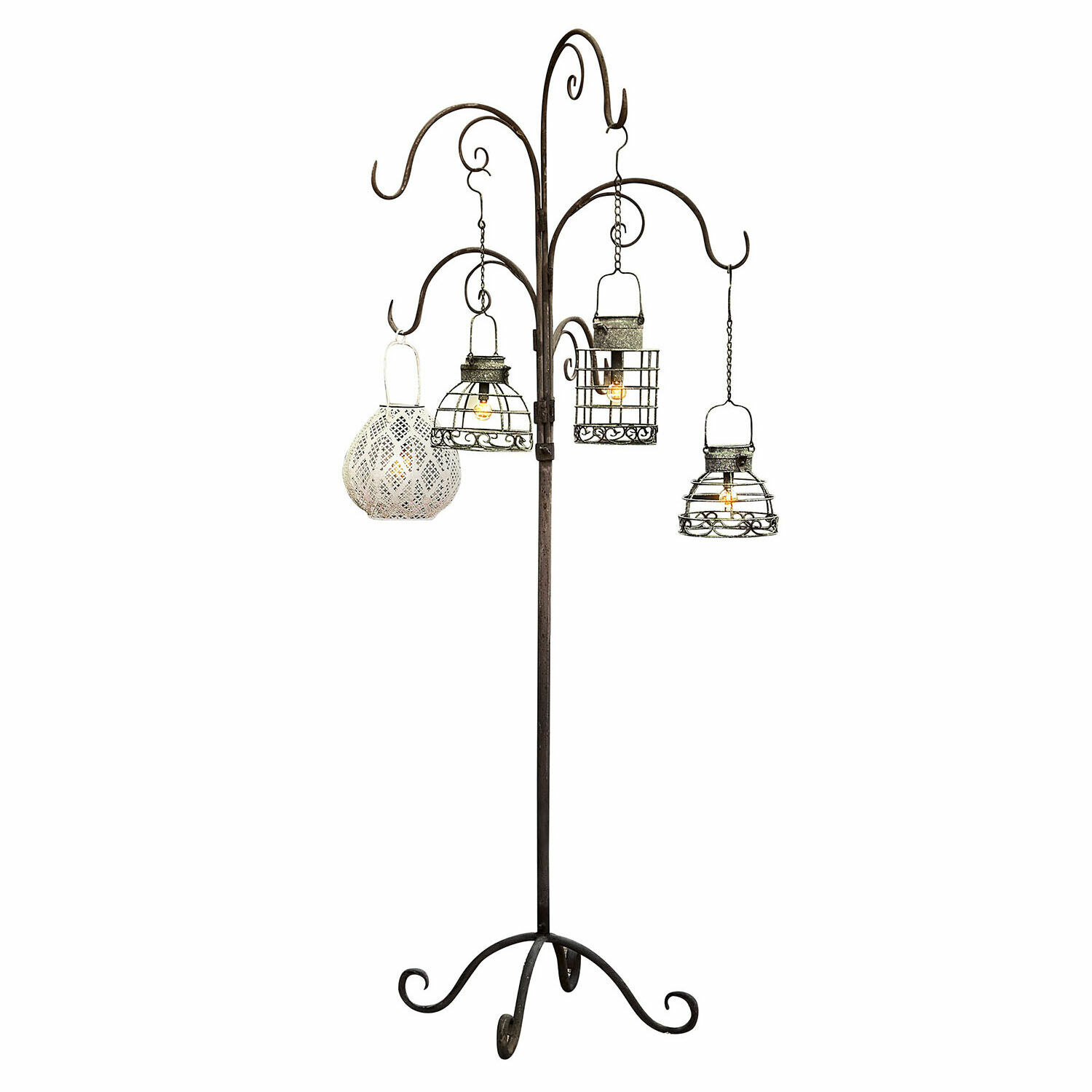 Stojak Merisette Stojak z metalu z czterema wiszącymi lampionami w stylu vintage do dekoracji wnętrz i ogrodu