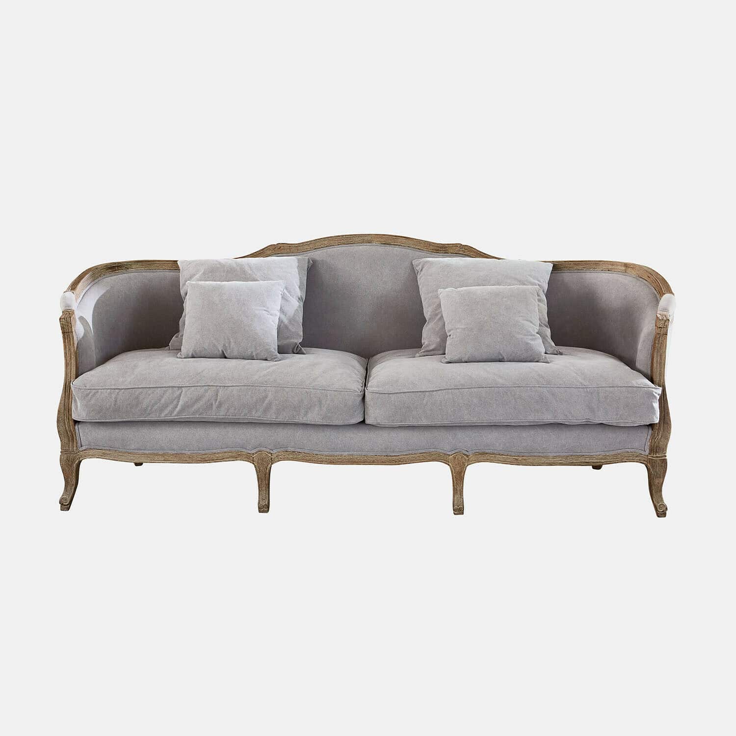 Sofa w stylu vintage z szarą tkaniną i drewnianą ramą, wygodne meble do salonu