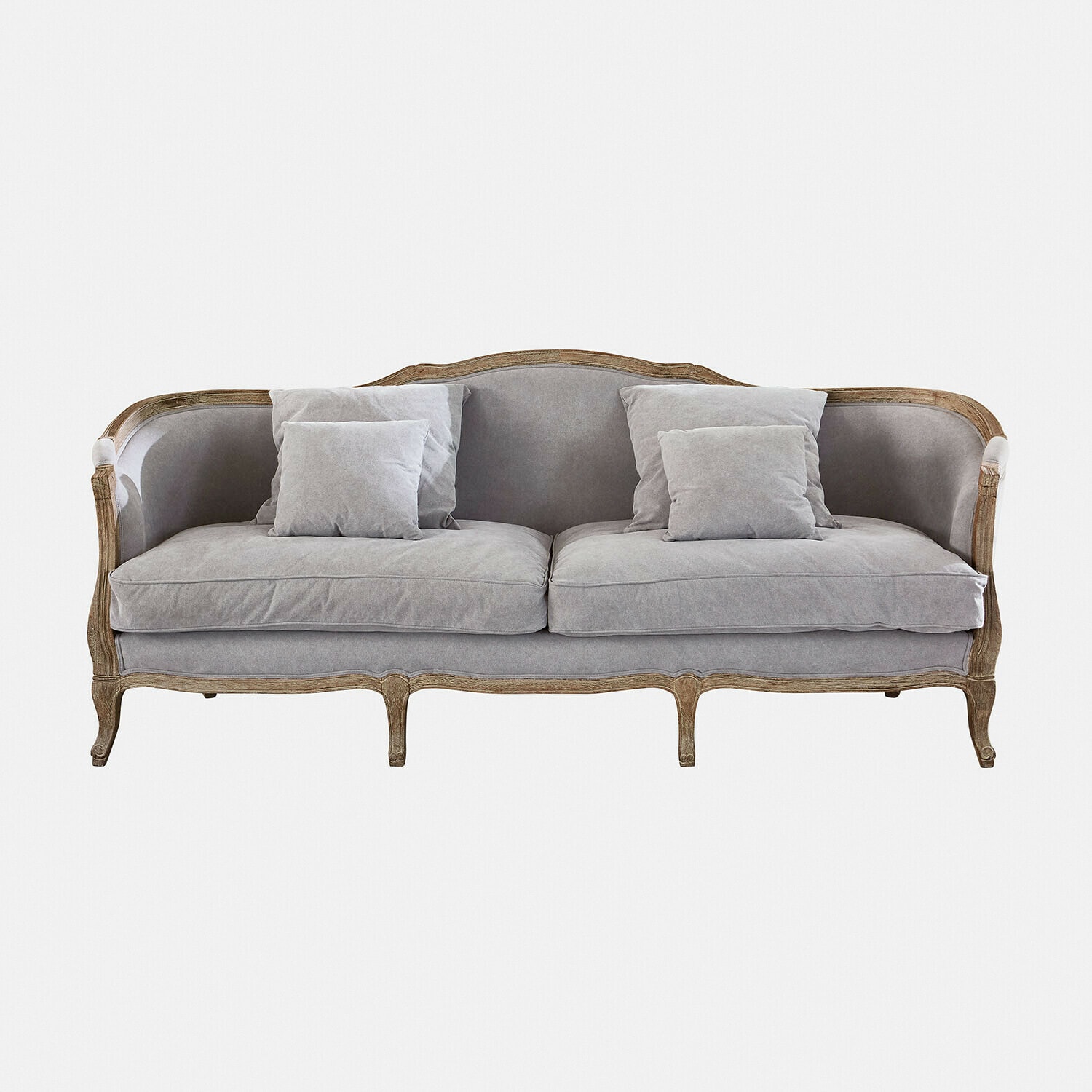 Sofa Monneville Sofa w stylu vintage z szarą tkaniną i drewnianą ramą, wygodne meble do salonu