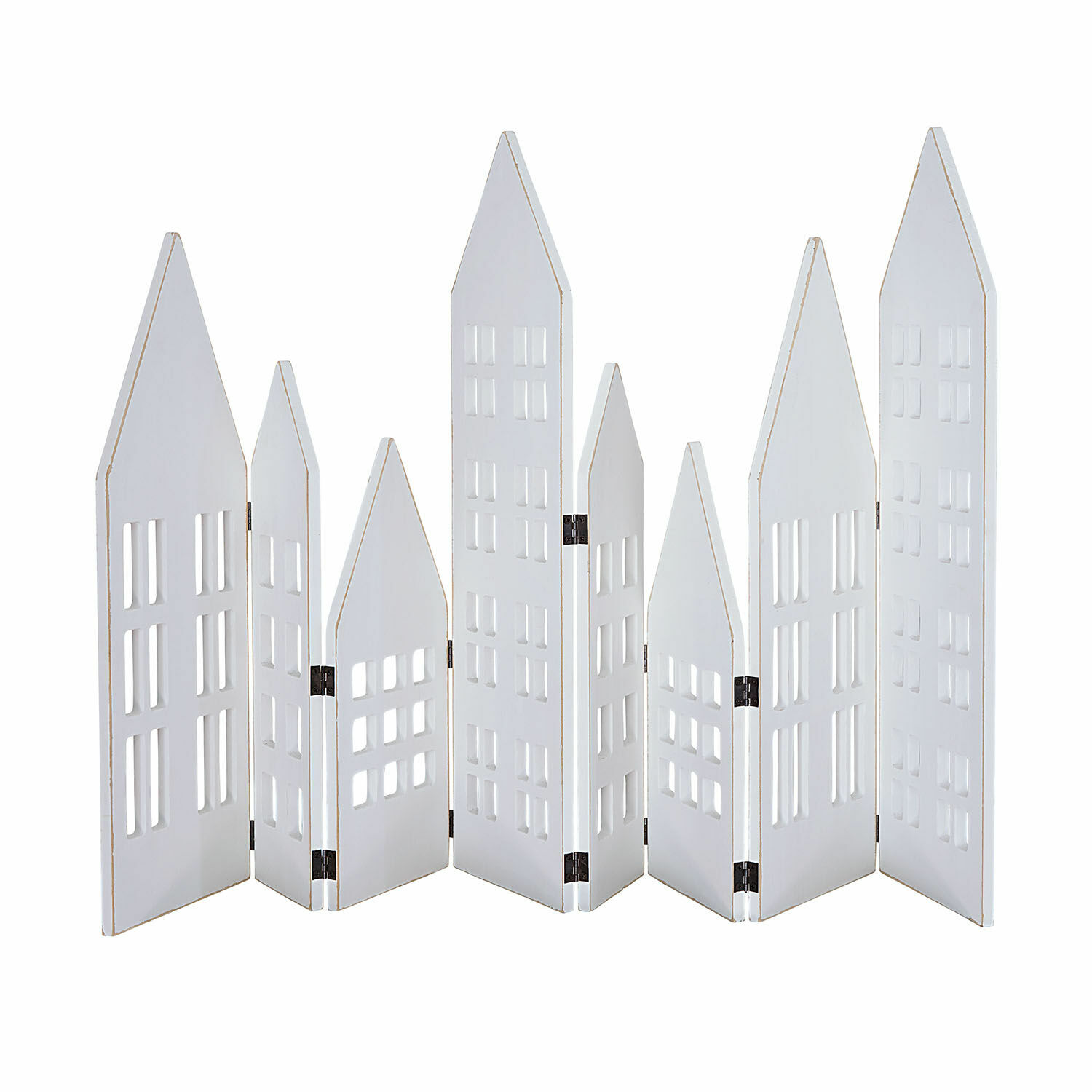 Biały drewniany parawan dekoracyjny z wyciętymi oknami w kształcie domków, ozdoba wnętrz