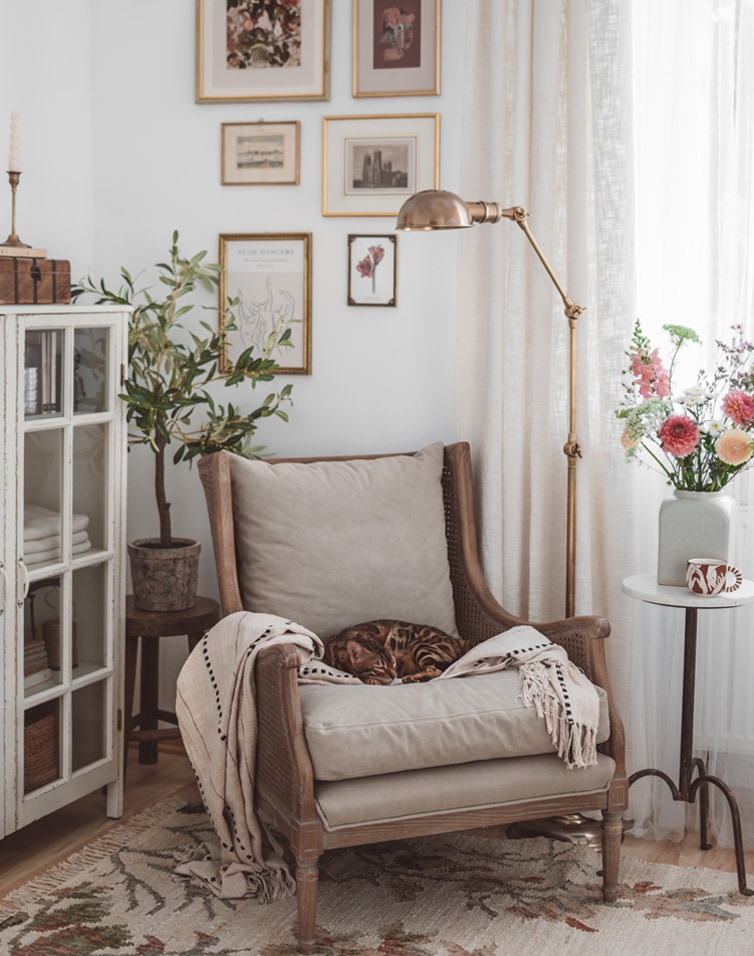 Przytulny fotel z beżową poduszką i kocem, drewniany, w stylu vintage z lampą i rośliną w tle