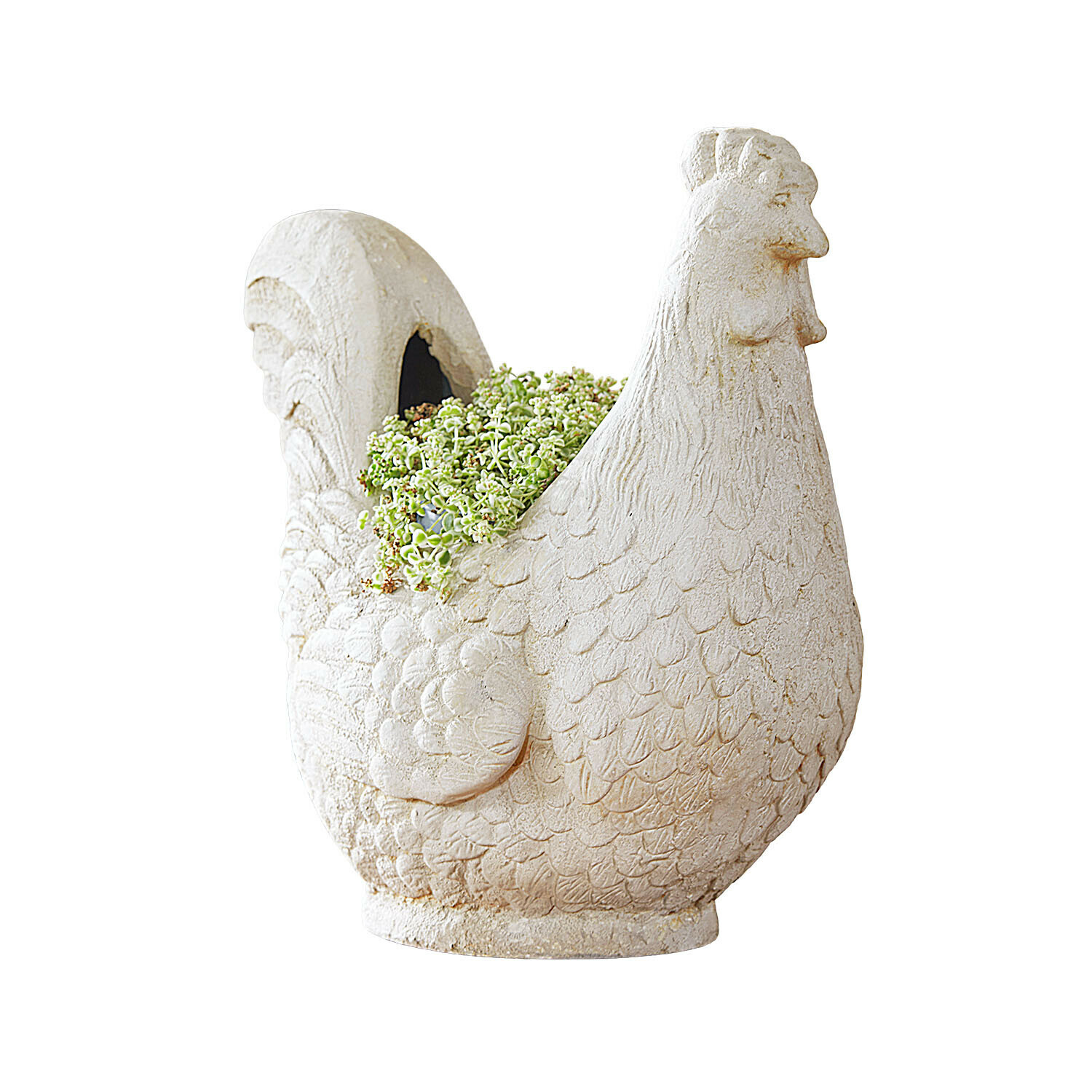 Osłonka doniczki Chêne d'Argent Biały doniczka z kamienia w kształcie kury z zieloną rośliną, dekoracja ogrodowa
