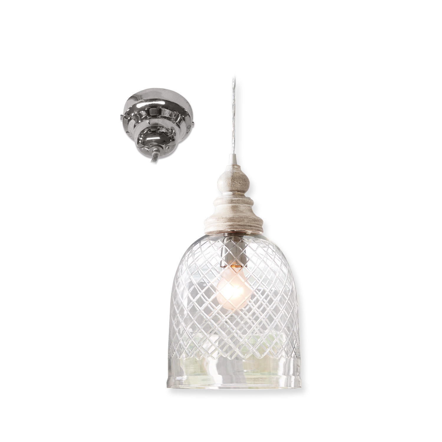 Lampa wisząca Junia Wisząca lampa z przezroczystego szkła z wzorem kratki i białym drewnianym elementem, oświetlenie dekoracyjne
