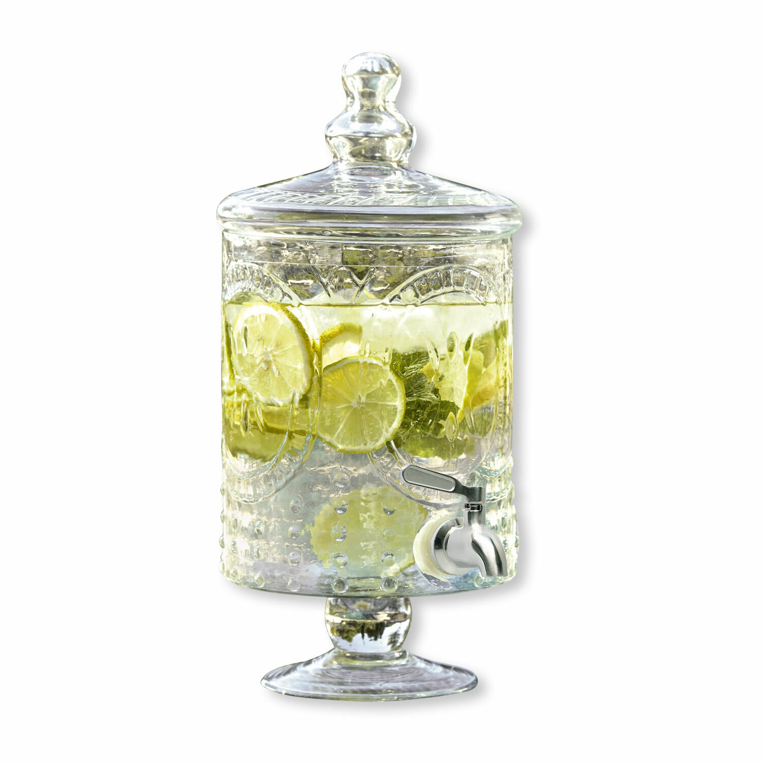 Dyspenser do napojów Lys Szklany dyspenser na napoje z pokrywką i kranikiem, z plasterkami cytryny i miętą w środku