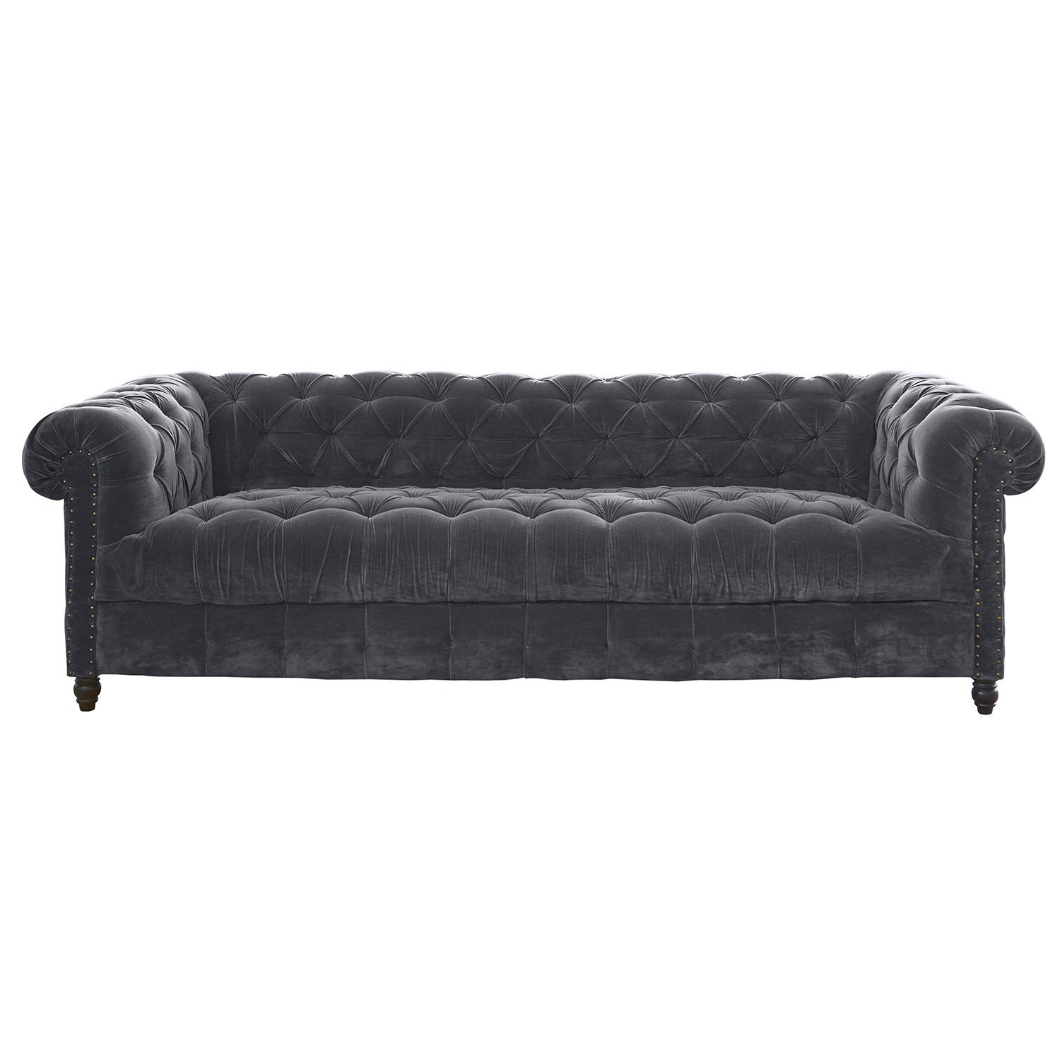 Sofa Parpeville Szara aksamitna sofa Chesterfield z pikowanym oparciem i drewnianymi nogami, elegancki mebel do salonu