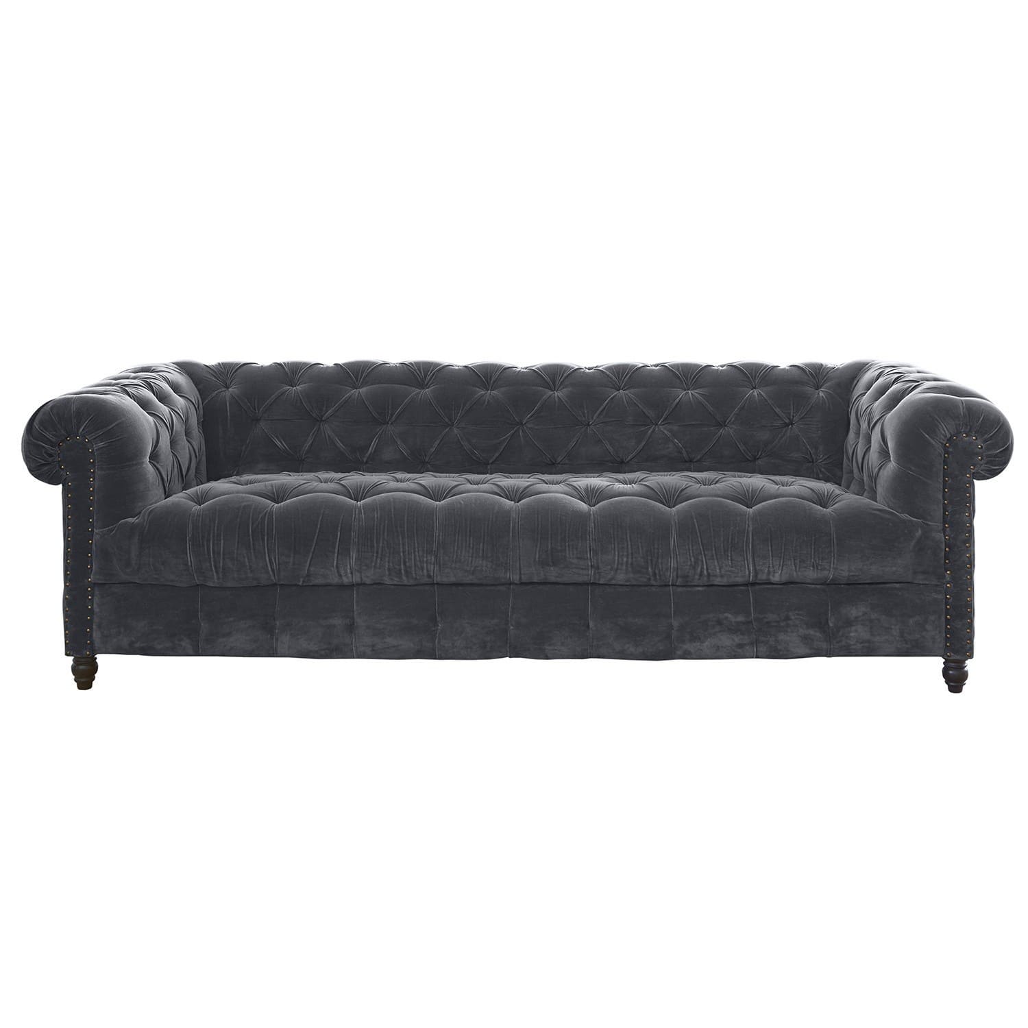 Sofa Parpeville Szara aksamitna sofa Chesterfield z pikowanym oparciem i drewnianymi nogami, elegancki mebel do salonu