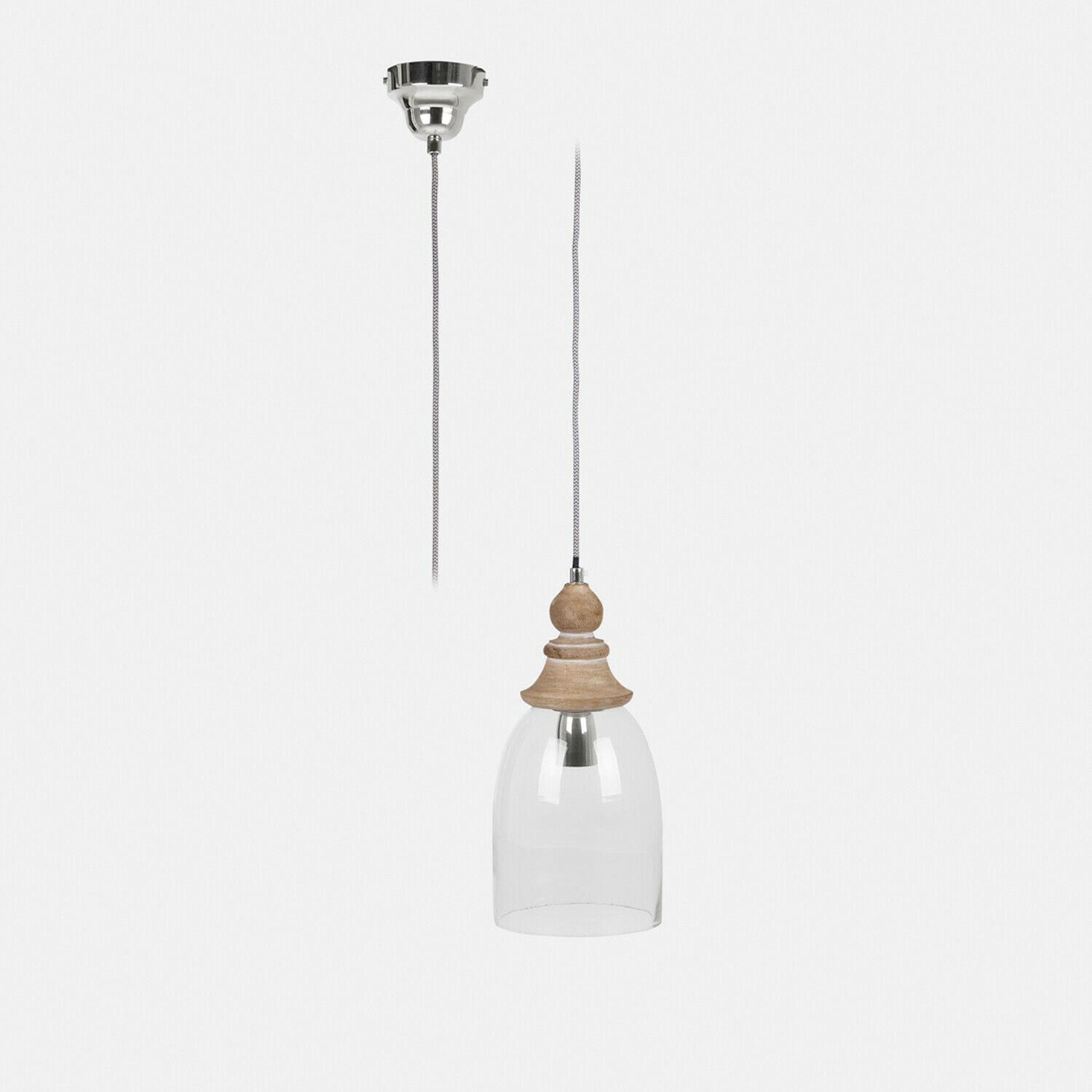 Lampa wisząca Raina Wisząca lampa z przezroczystym szklanym kloszem i drewnianą górą w naturalnym kolorze, oświetlenie wnętrz