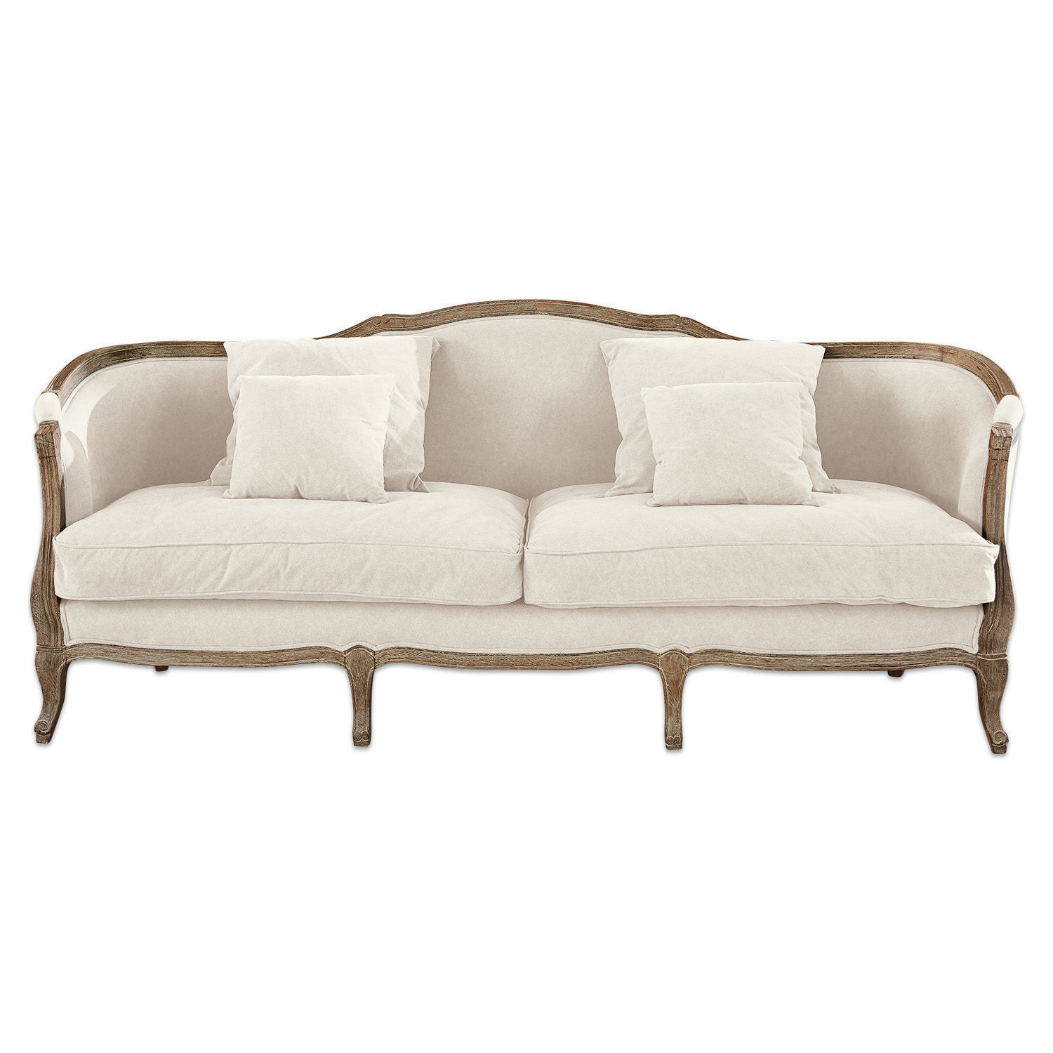 Kremowa sofa Monneville z drewnianą ramą i miękkimi poduszkami do salonu