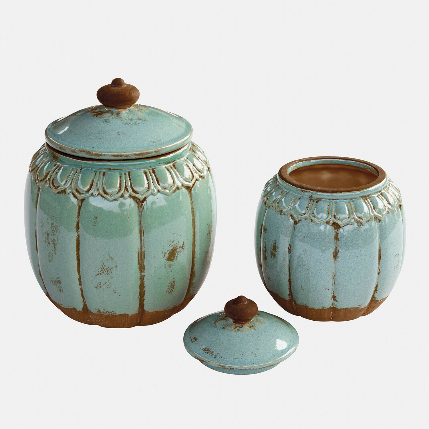 Pojemnik, zestaw 2 szt. Valerosas Zestaw dwóch ceramicznych pojemników w kolorze turkusowym z brązowymi zdobieniami i pokrywkami