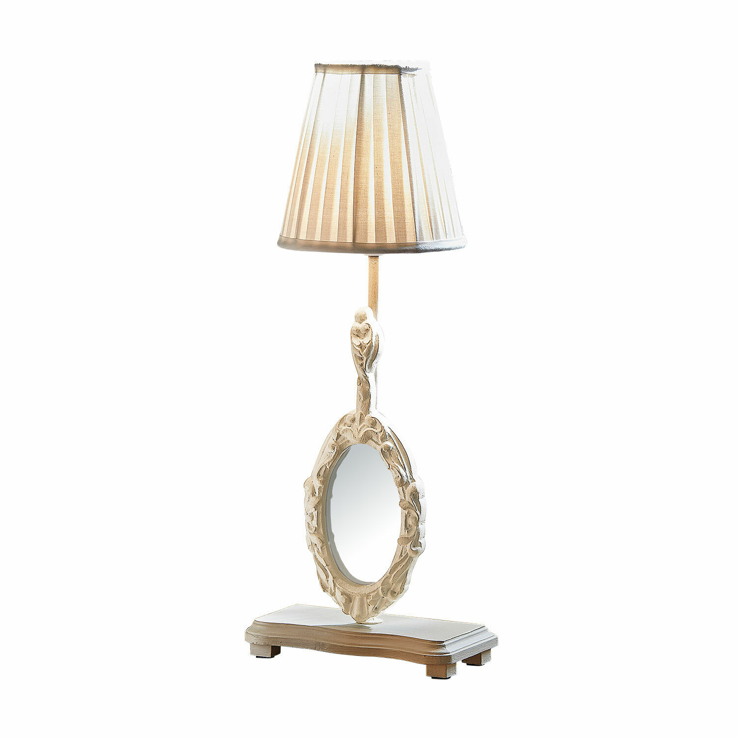 Lampa stołowa z lusterkiem Brannach Lampka stołowa z białego drewna z abażurem i ozdobnym owalnym lustrem w stylu vintage
