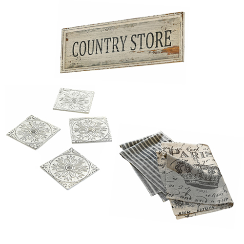 Drewniana tablica Country Store i zestaw szarych podkładek oraz lnianych ściereczek kuchennych