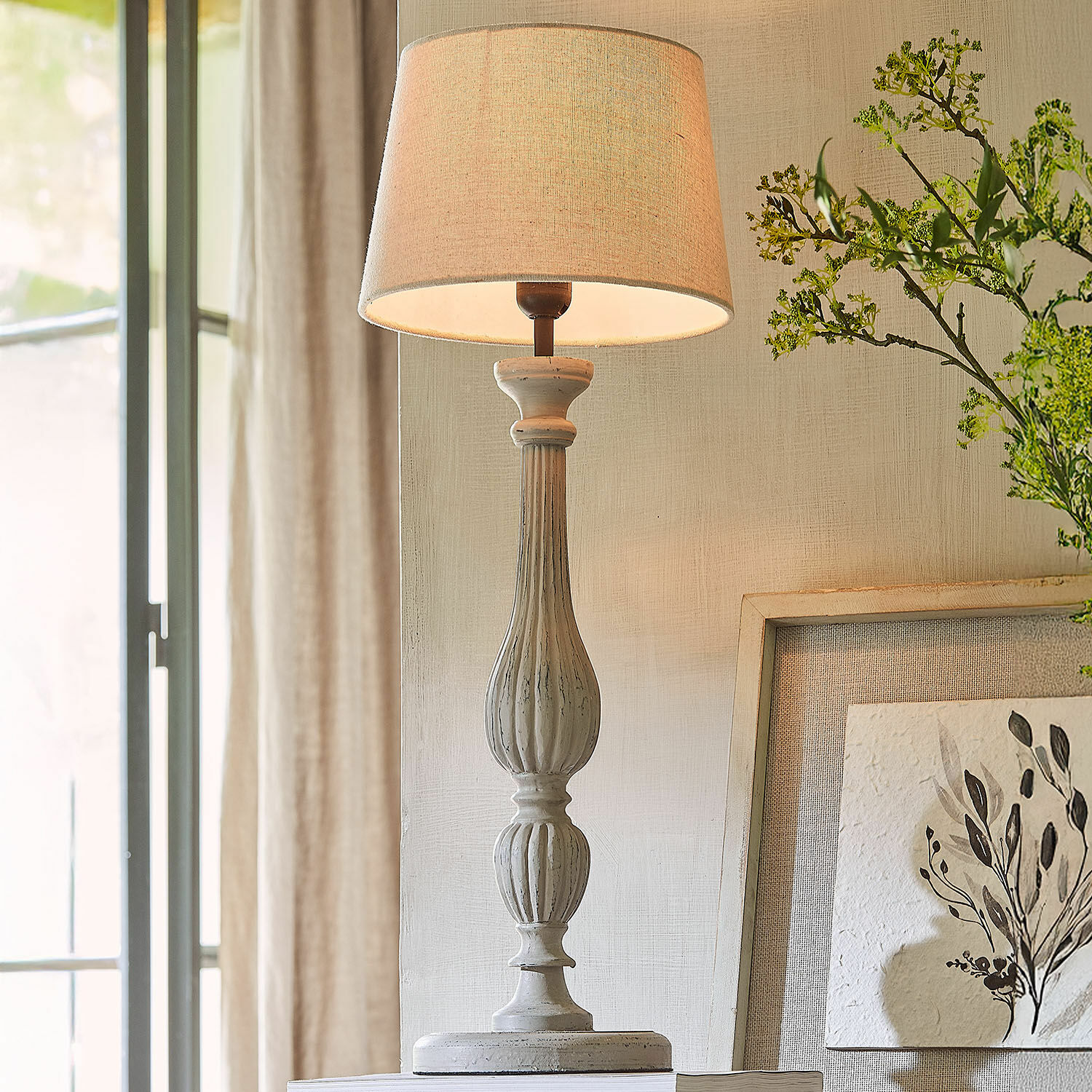 Lampa stołowa Zepinal Lampka stołowa z białego drewna z beżowym abażurem, dekoracyjna lampa do salonu
