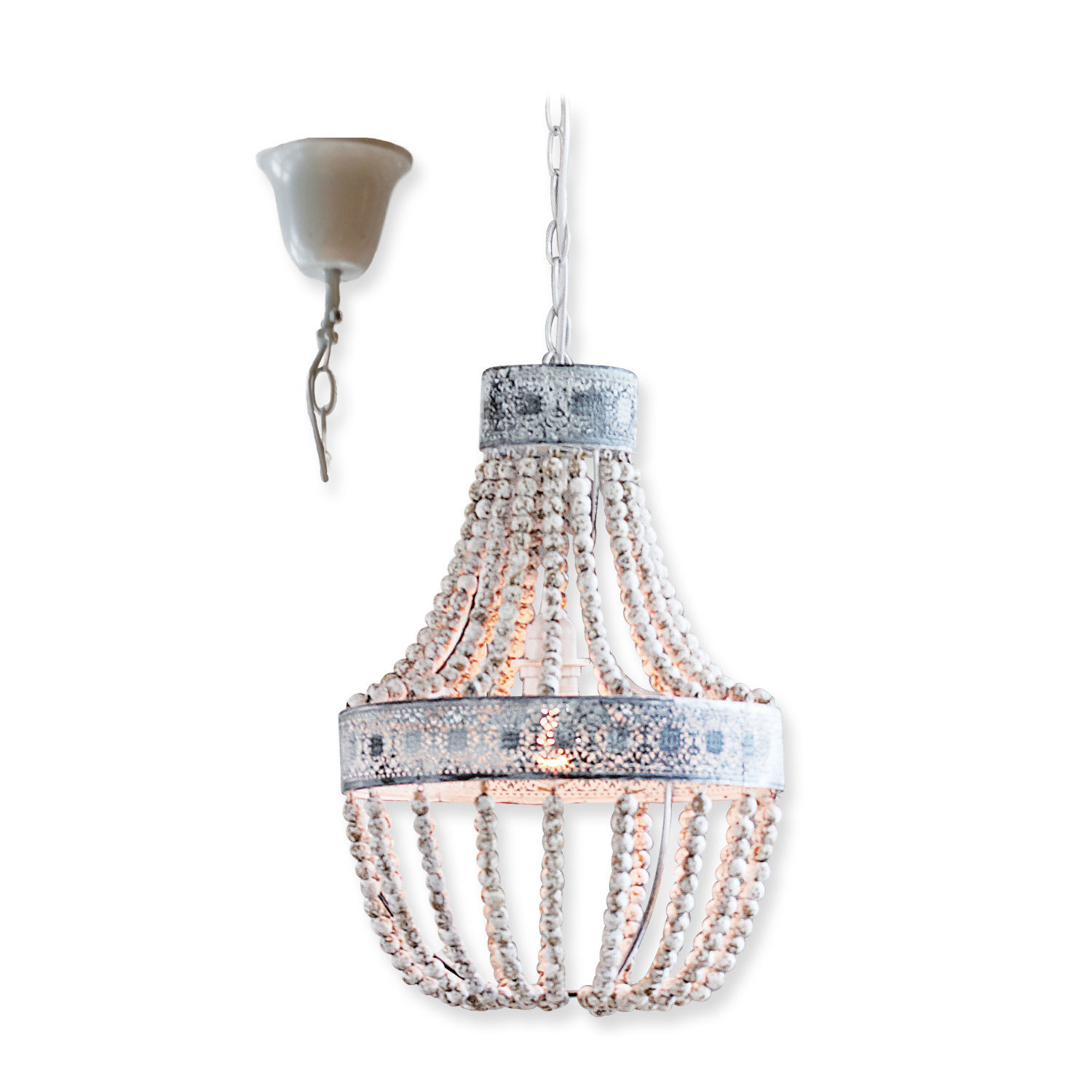 Lampa wisząca Valcourt Wisząca lampa z białych drewnianych koralików i metalowym elementem w stylu vintage
