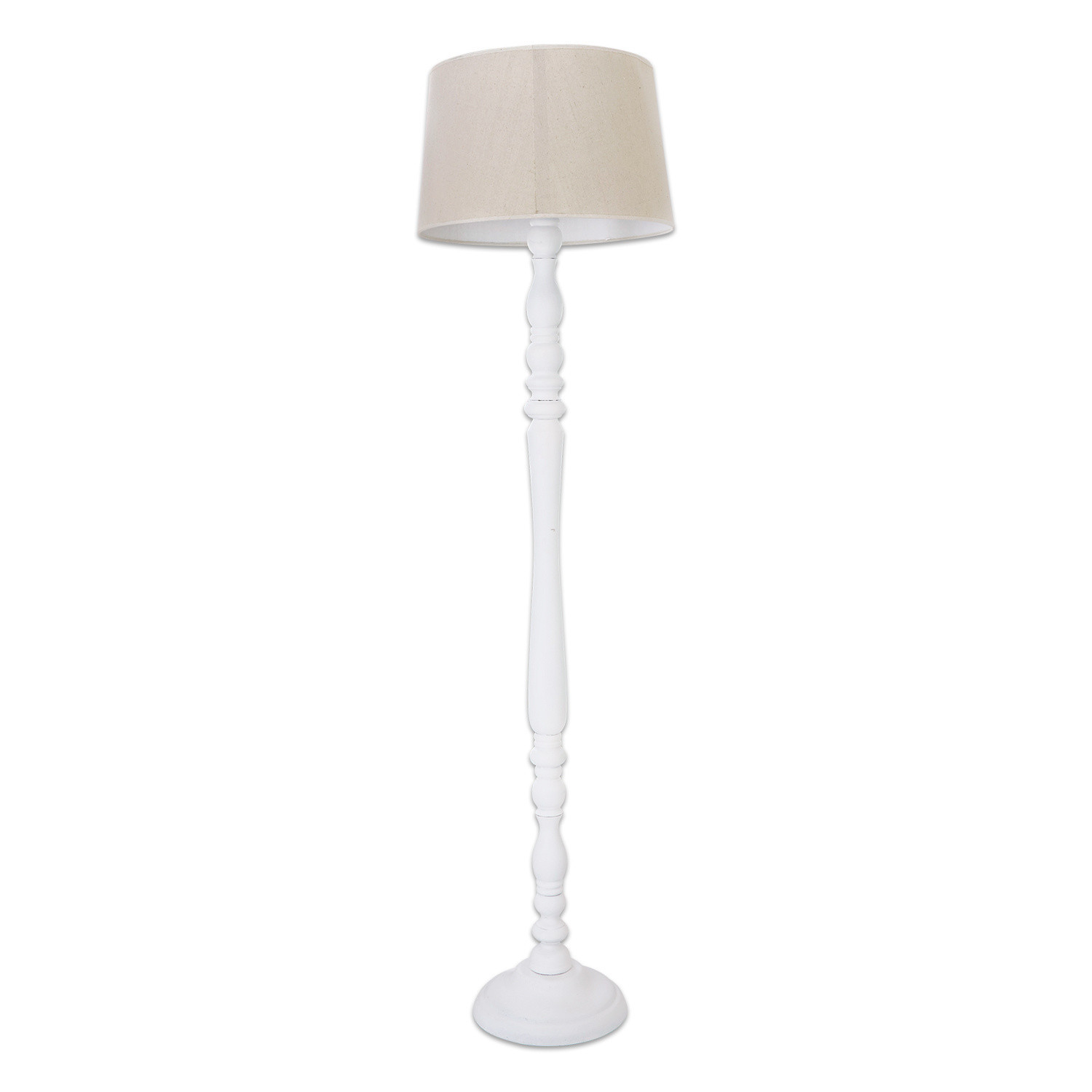 Lampa stojąca Statford Biała drewniana lampa podłogowa z beżowym abażurem, klasyczny design do salonu