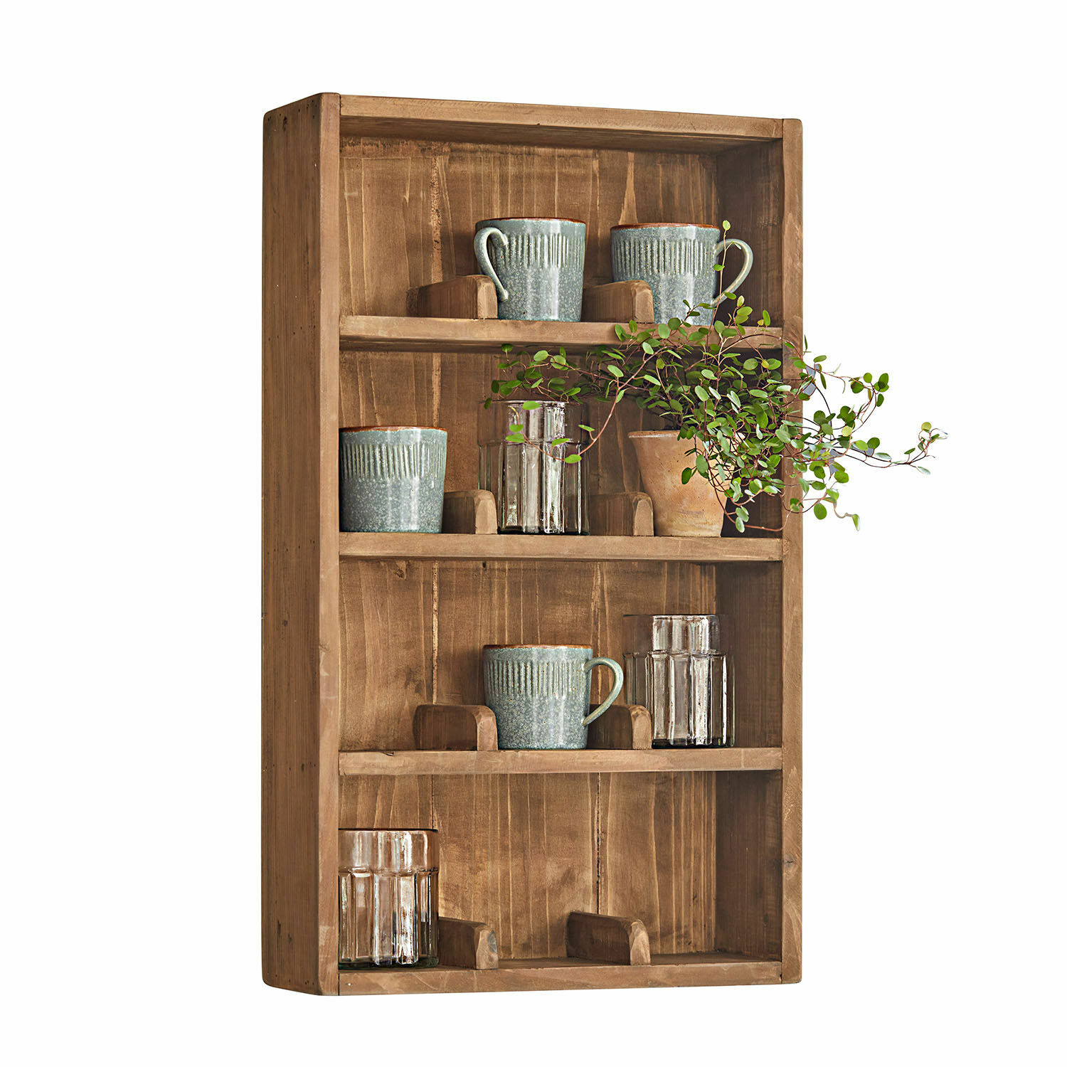 Półka ścienna Sunnybrook Drewniana półka ścienna z naturalnego drewna z kubkami ceramicznymi i szklankami do kuchni