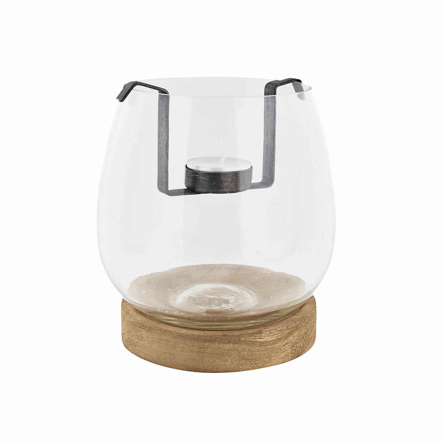 Szklany lampion Talcanne z brązową drewnianą podstawą i metalowym uchwytem na świecę tealight