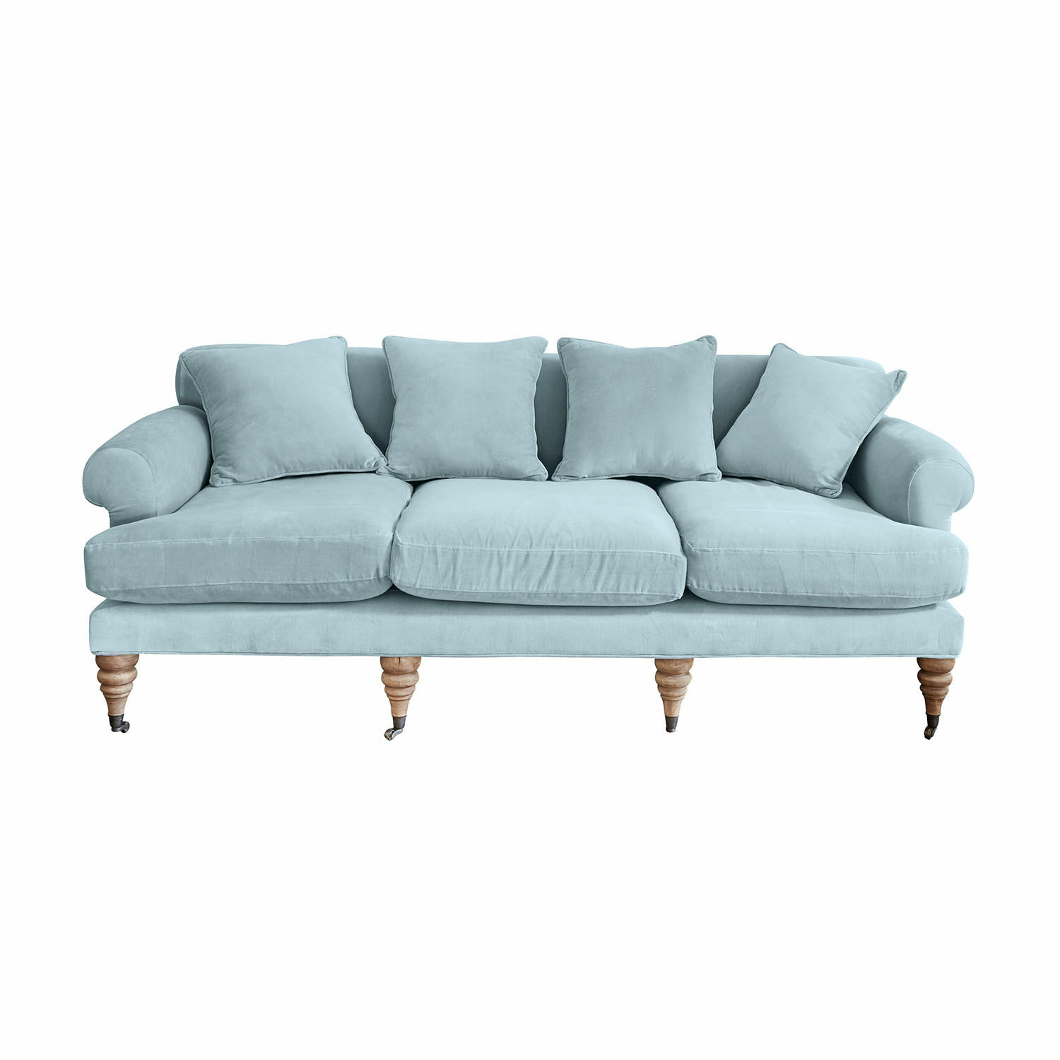 niebieski Niebieska sofa Kazimir z miękkiego materiału z poduszkami i drewnianymi nogami, wygodna do salonu