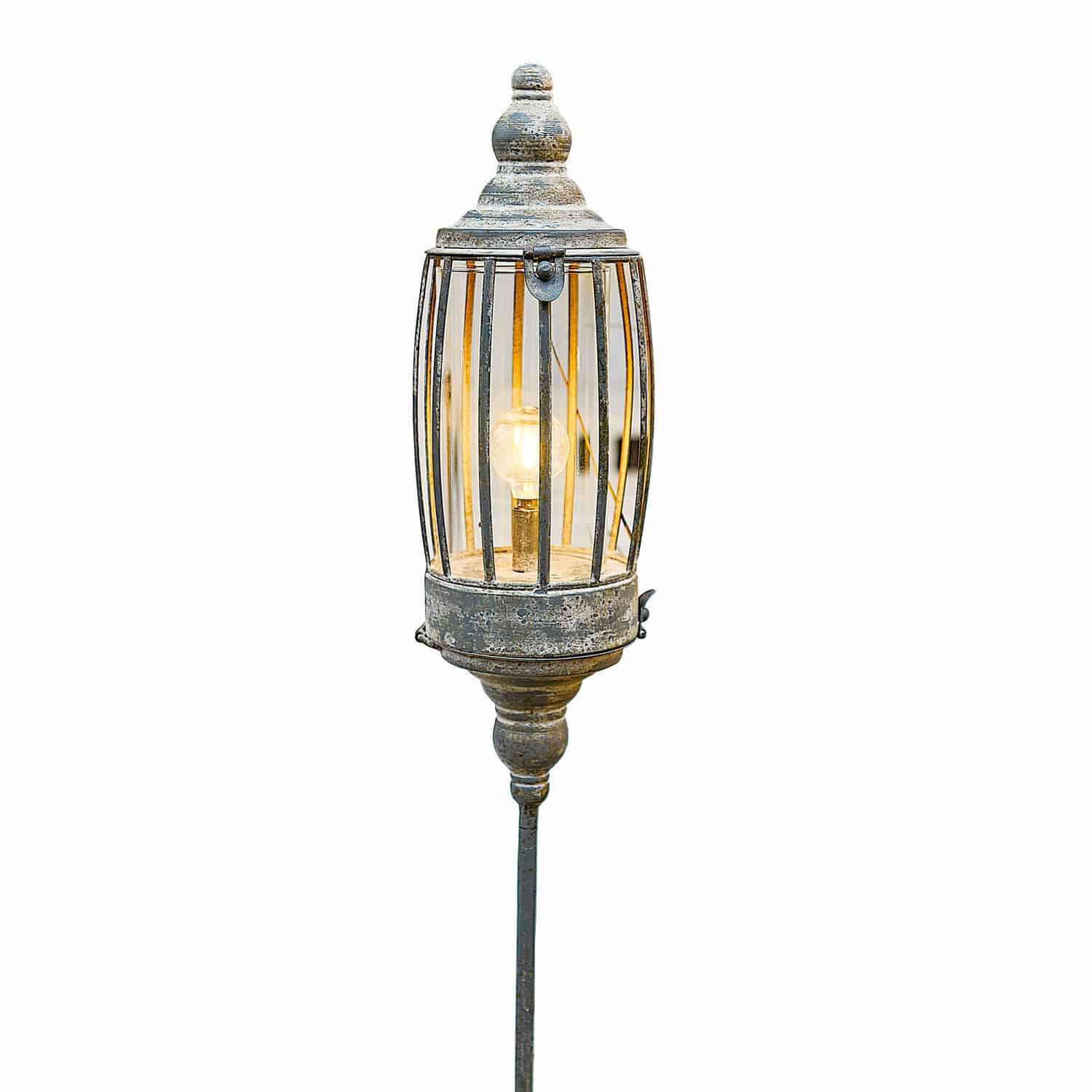 Lampion LED z możliwością ładowania Lagia Ozdobna metalowa lampa ogrodowa w kolorze postarzanego srebra z żarówką i kloszem z prętów