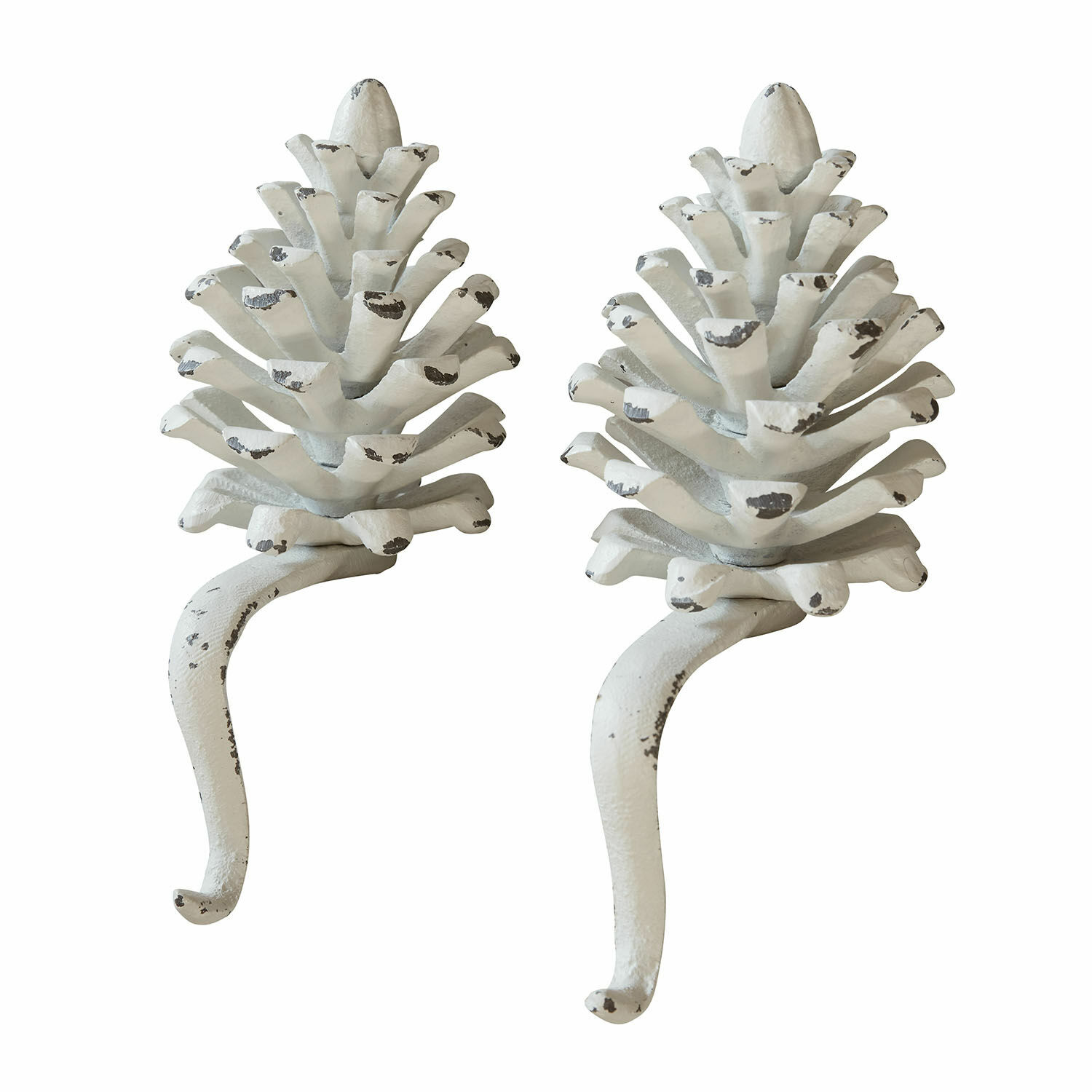 Zestaw dwóch dekoracyjnych haczyków z żelaza w kolorze antycznej bieli, kształt szyszki