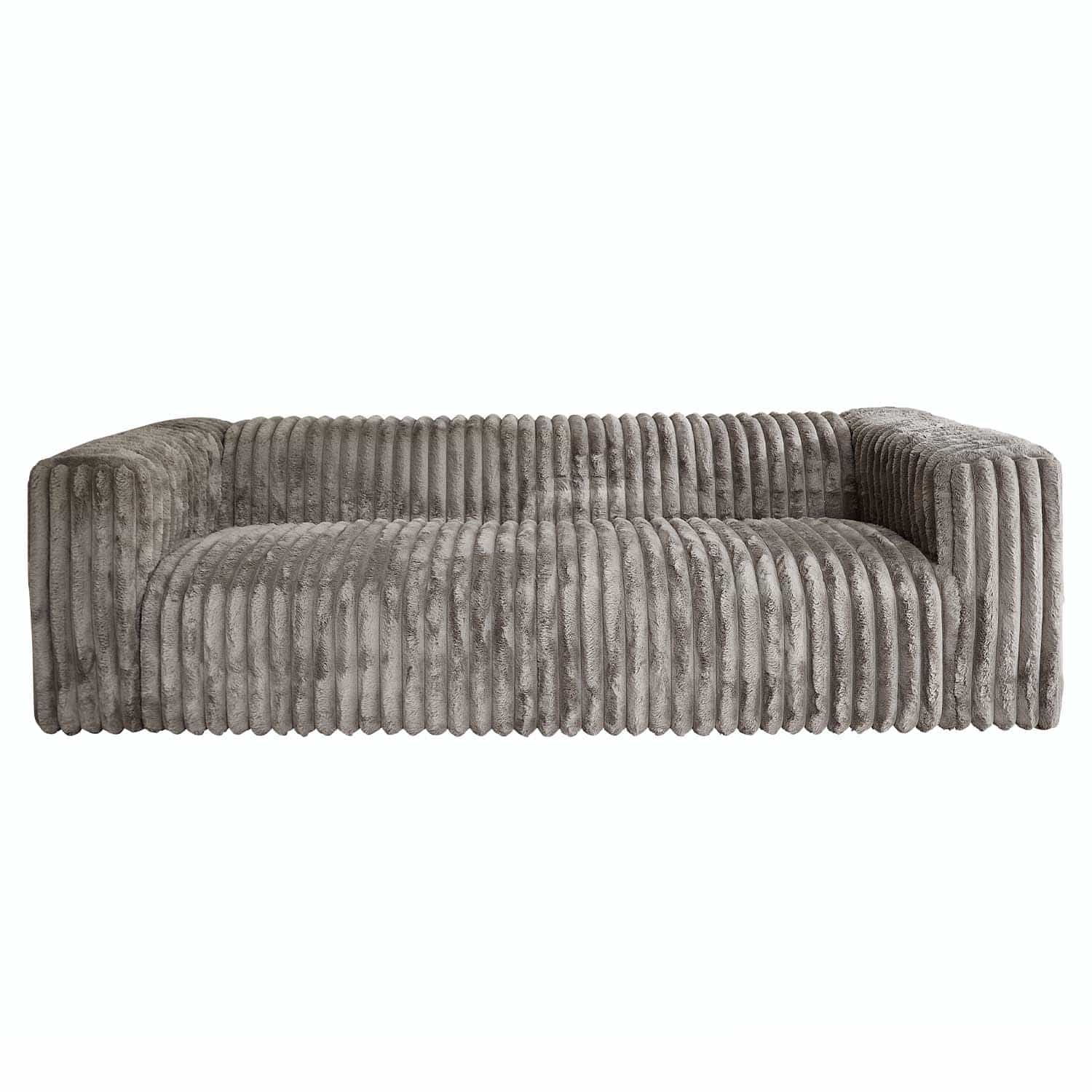 Nowoczesna sofa z szarego pluszu z prążkowanym wzorem, wygodna do salonu i wypoczynku