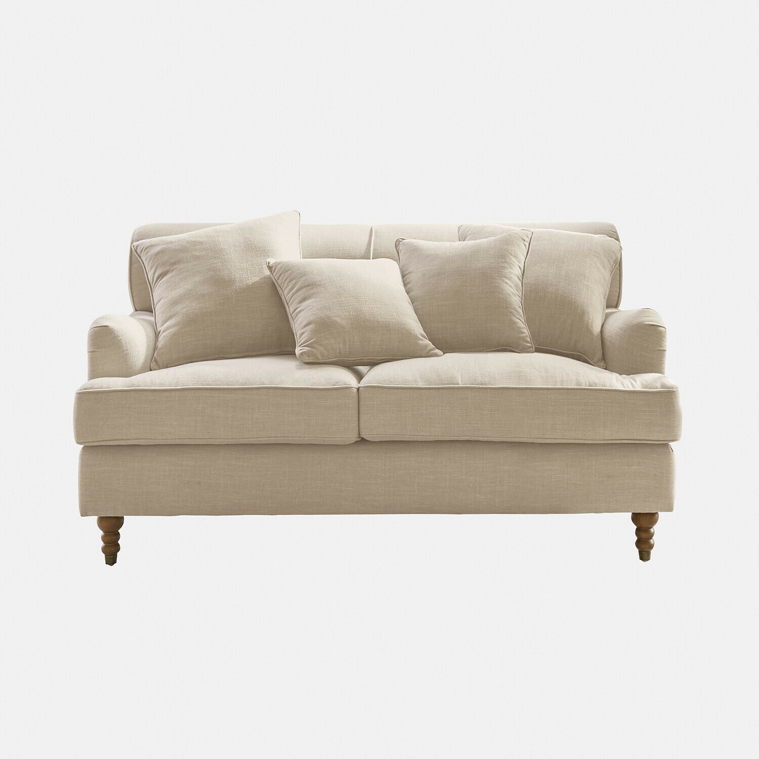 Sofa Isa Beżowa sofa z tkaniny z poduszkami i drewnianymi nogami, wygodne meble do salonu