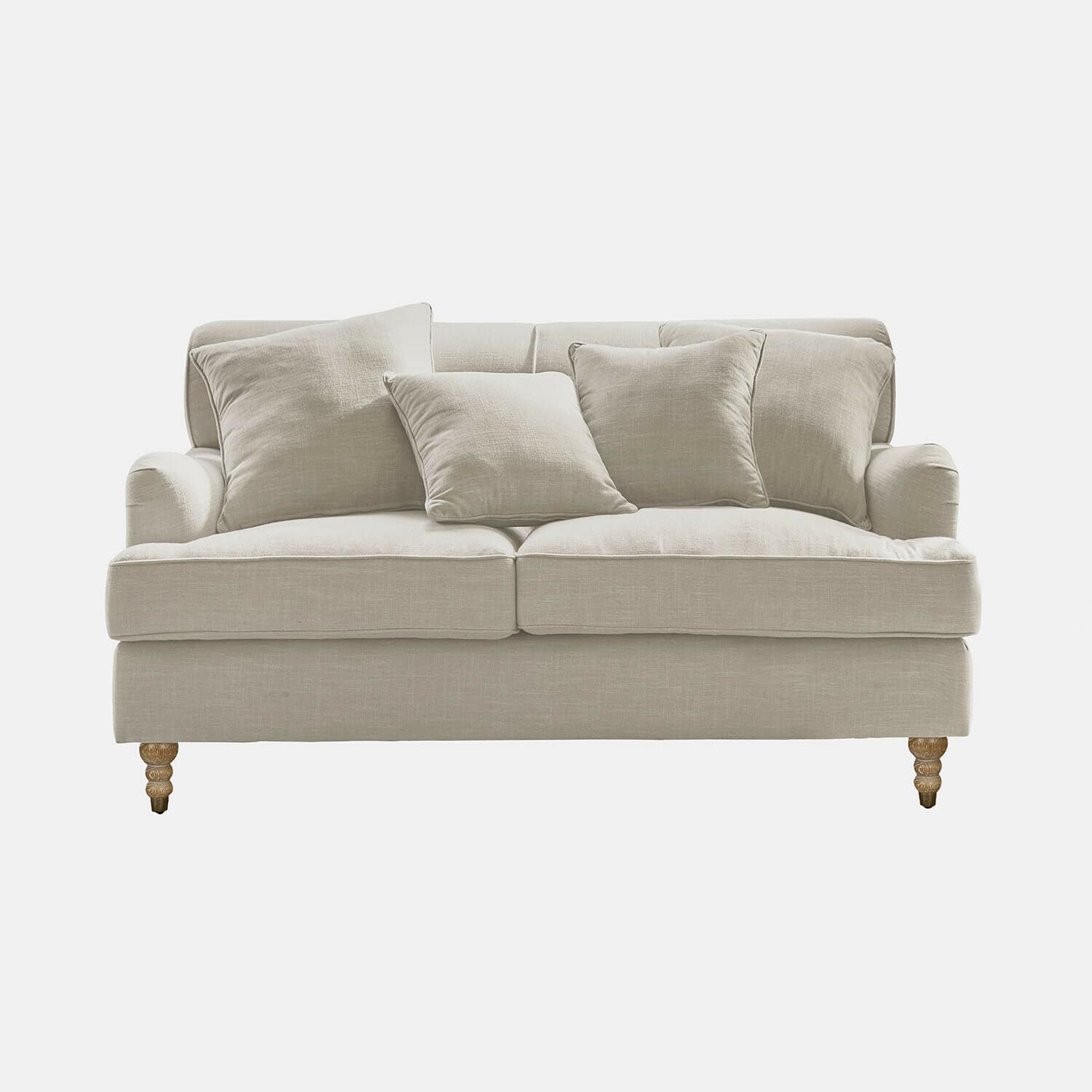 Sofa Isa Beżowa sofa z tkaniny z poduszkami i drewnianymi nogami, wygodne meble do salonu