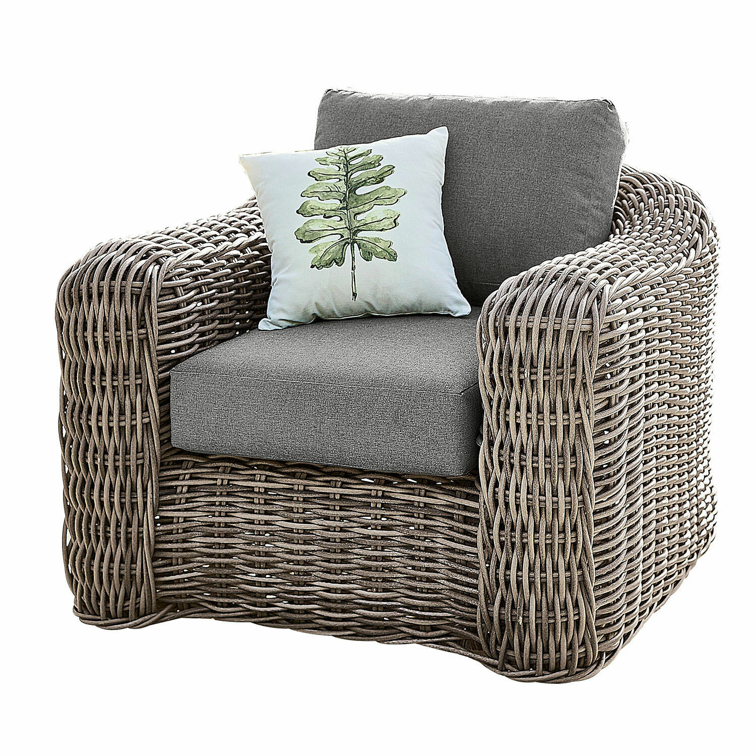 Fotel Upminster Fotel z plecionego rattanu w kolorze szarym z poduszką ozdobną z motywem liścia, mebel ogrodowy