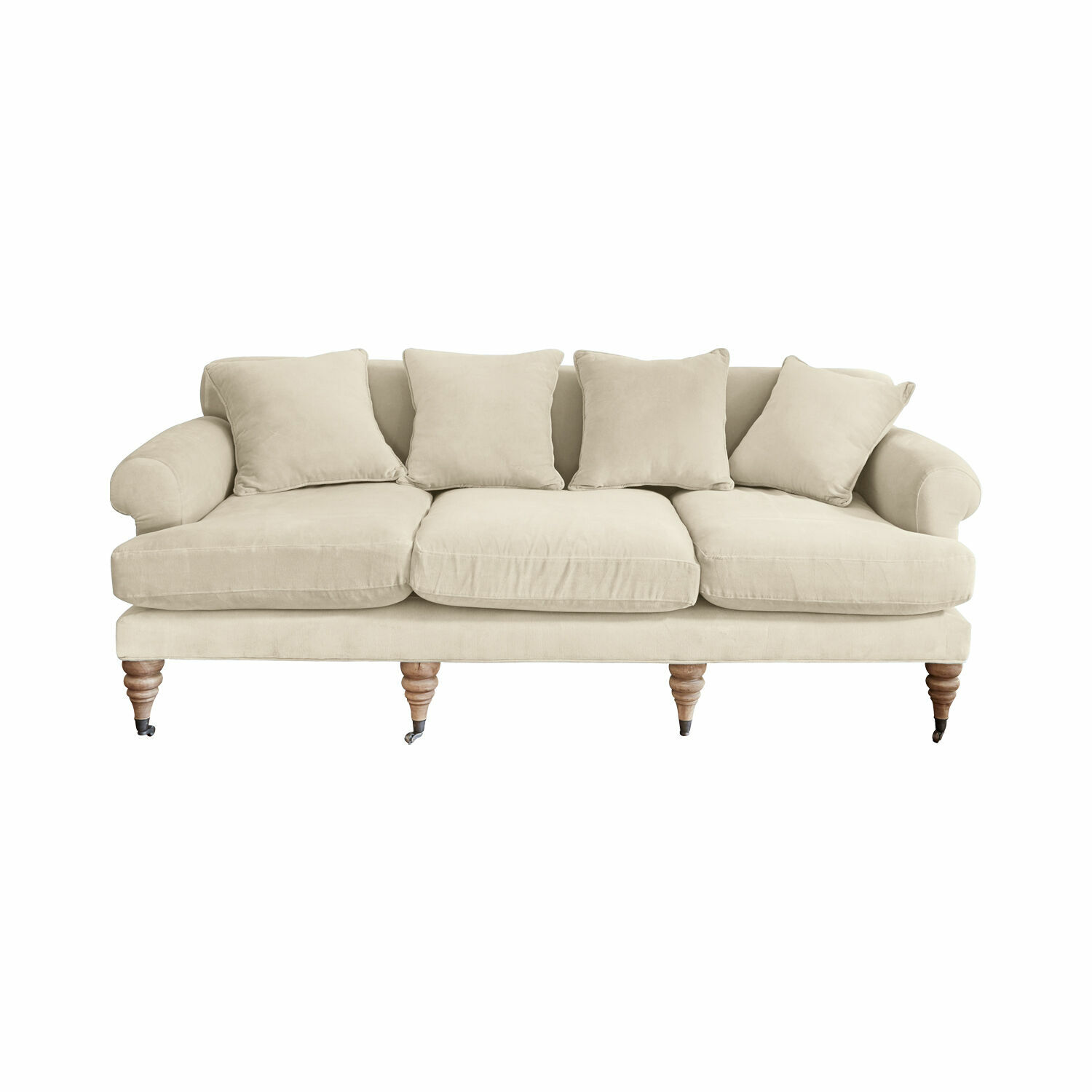 beżowy Beżowa sofa Kazimir z miękkiego materiału z poduszkami i drewnianymi nogami, wygodne meble do salonu