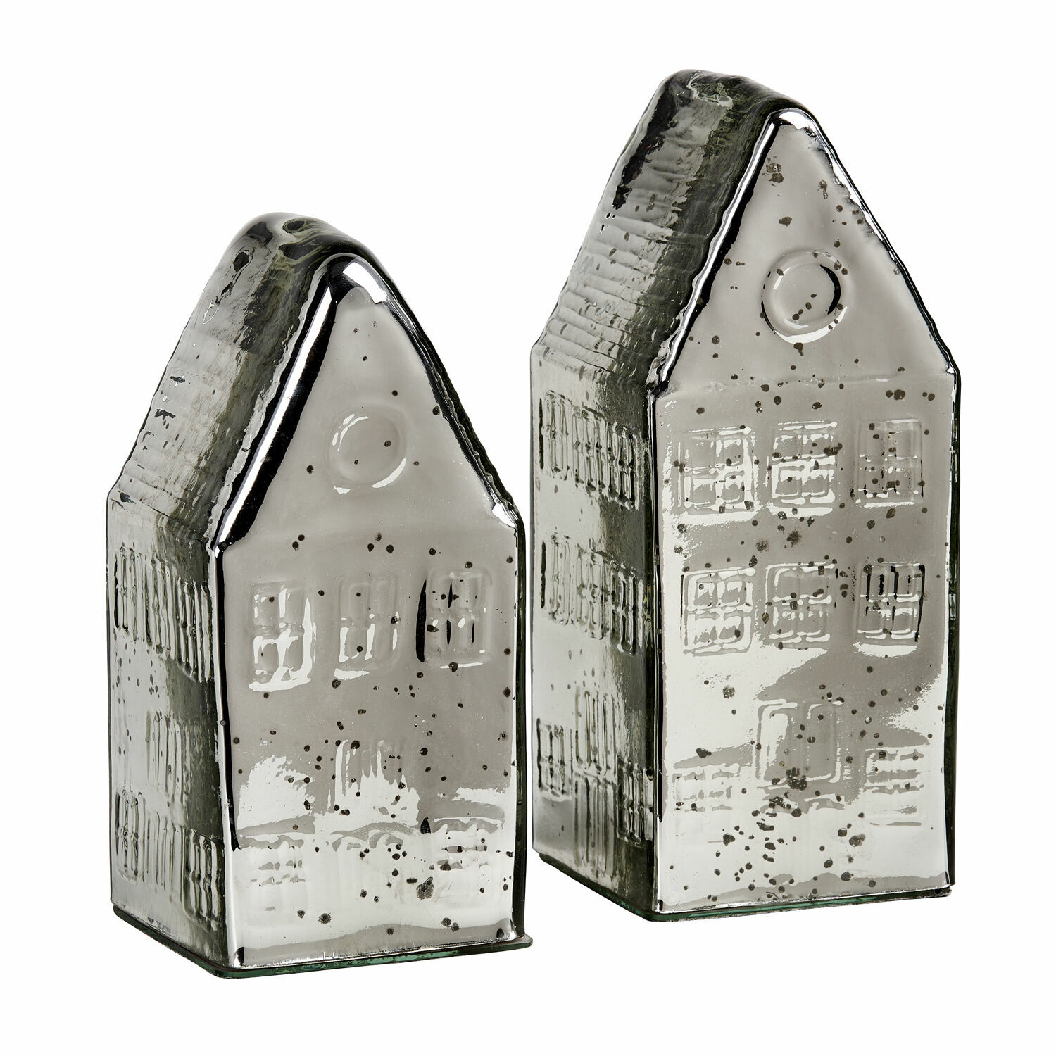 Dwie ceramiczne dekoracje domów w srebrnym kolorze z połyskiem, ozdoba wnętrz i prezent