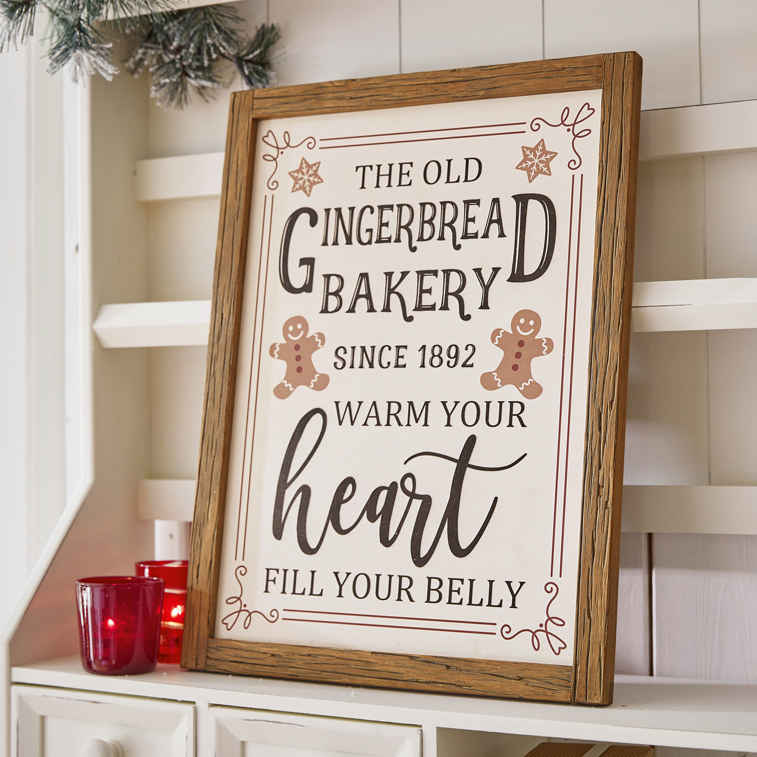 Tablica dekoracyjna Bakery Drewniana ramka z dekoracyjnym napisem o piernikowej piekarni i świątecznym klimacie