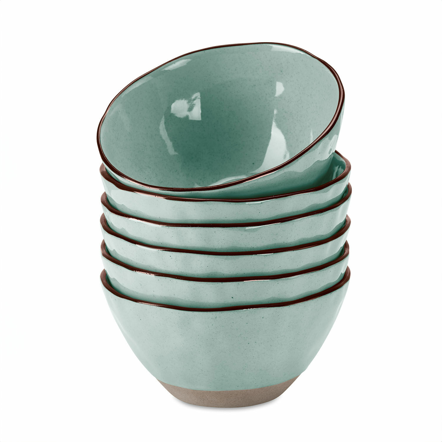 turkusowy Zestaw 6 turkusowych ceramicznych misek Biarritz z brązową krawędzią do kuchni i jadalni