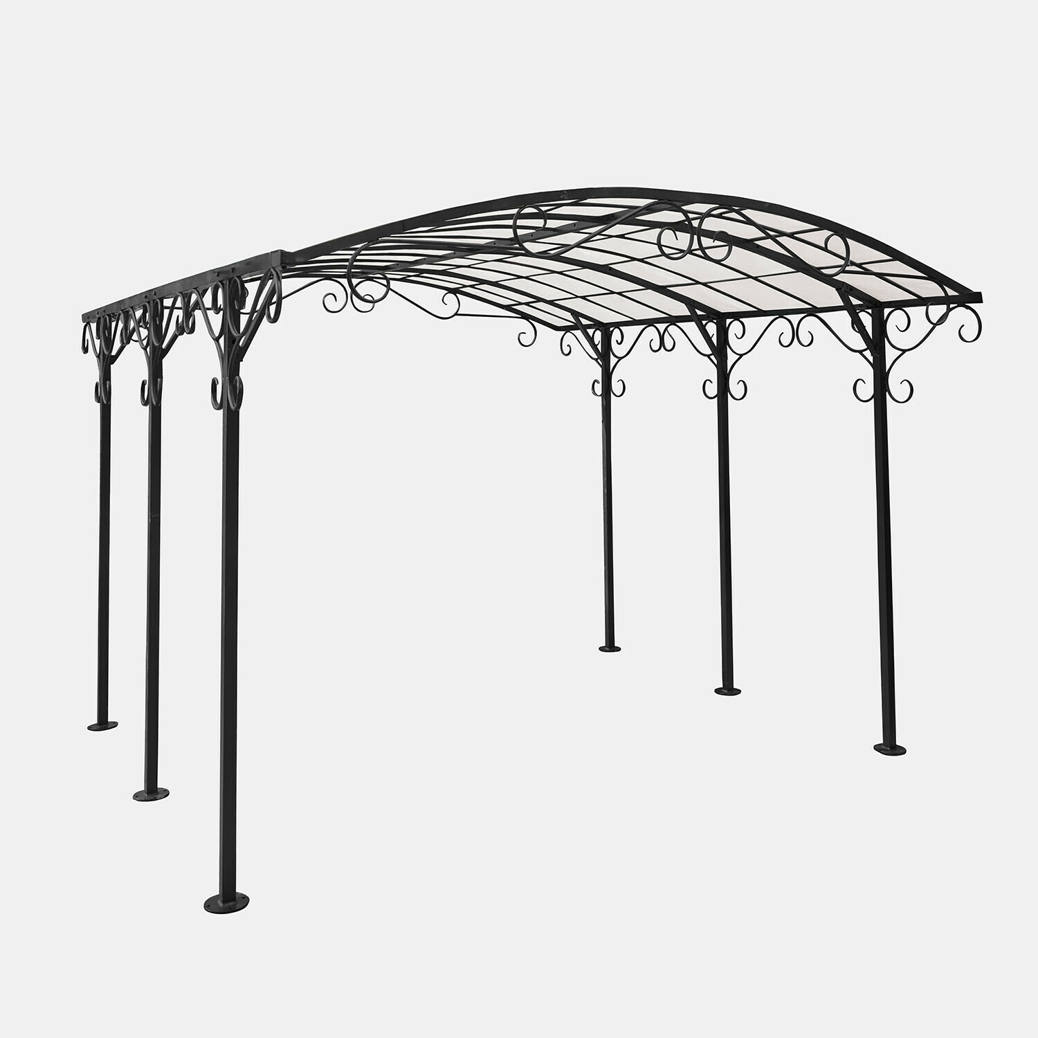 Pergola Delbridge Czarna metalowa altana ogrodowa z ozdobnymi zawijasami i łukowym dachem, idealna na taras
