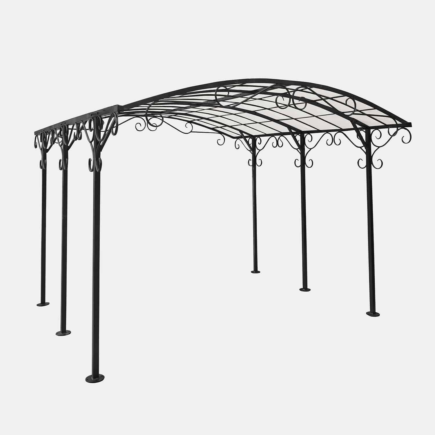 Pergola Delbridge Czarna metalowa altana ogrodowa z ozdobnymi zawijasami i łukowym dachem, idealna na taras