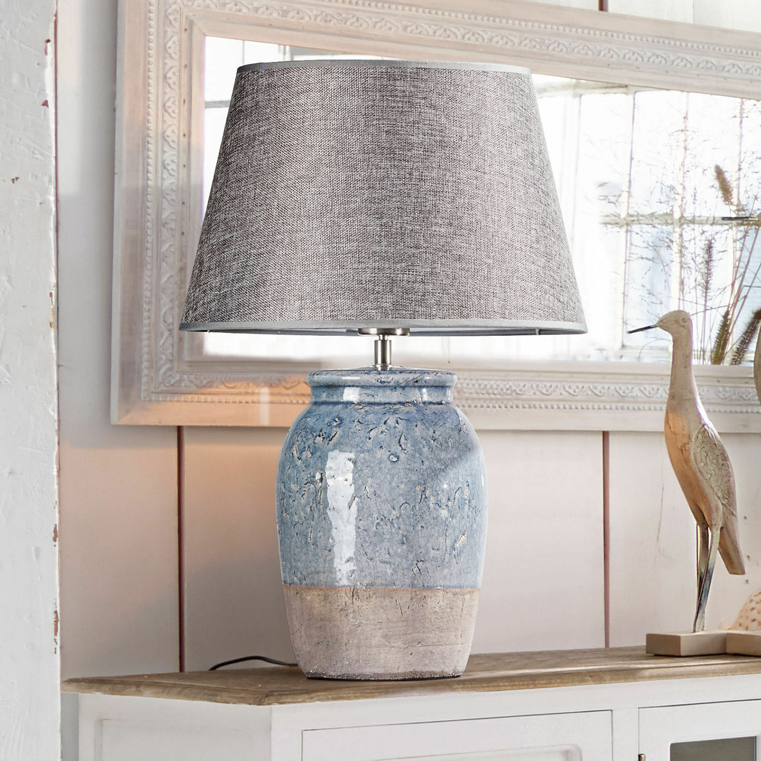 Lampa stołowa Manly Lampka stołowa z ceramiki w niebiesko-beżowym kolorze z szarym abażurem, dekoracja wnętrz