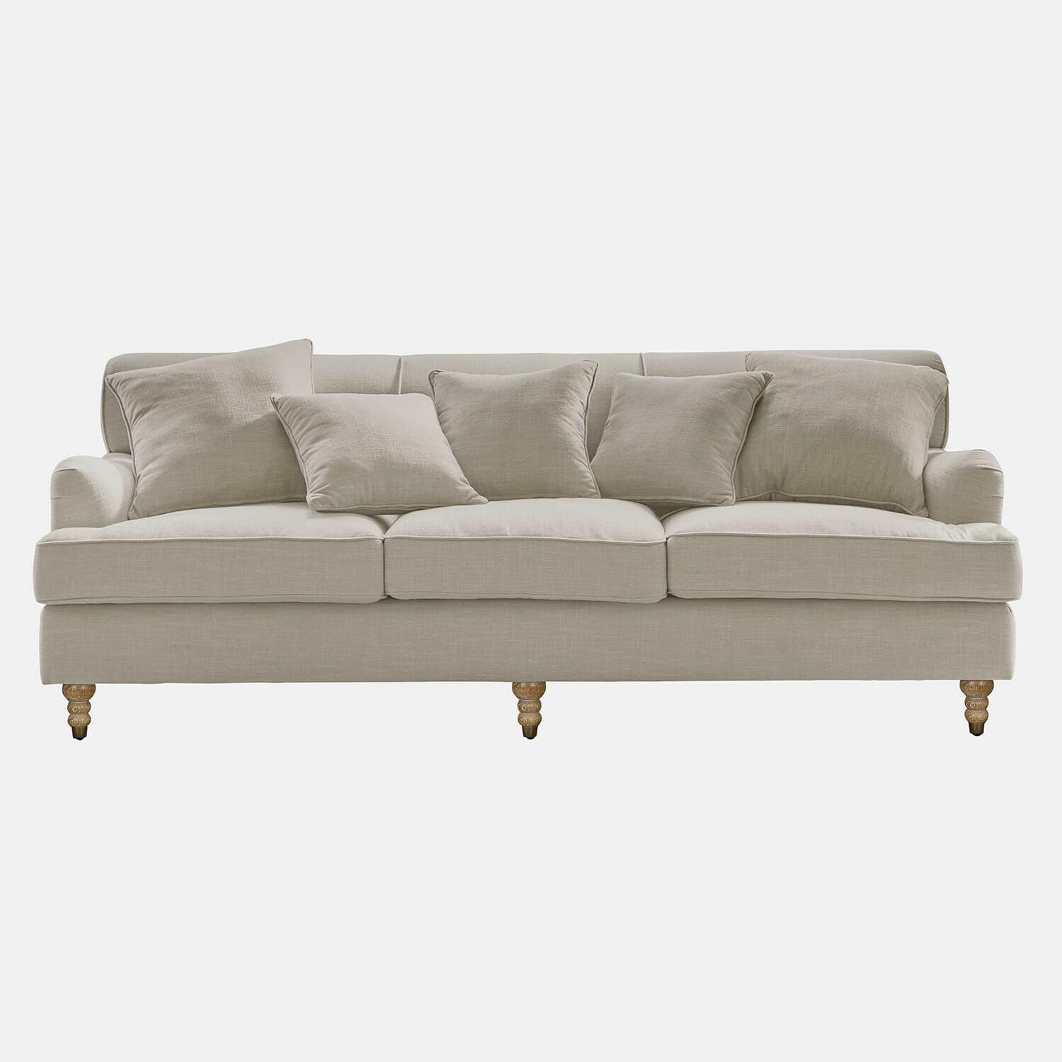 Sofa Isa Beżowa sofa z tkaniny z poduszkami i drewnianymi nogami, wygodne meble do salonu