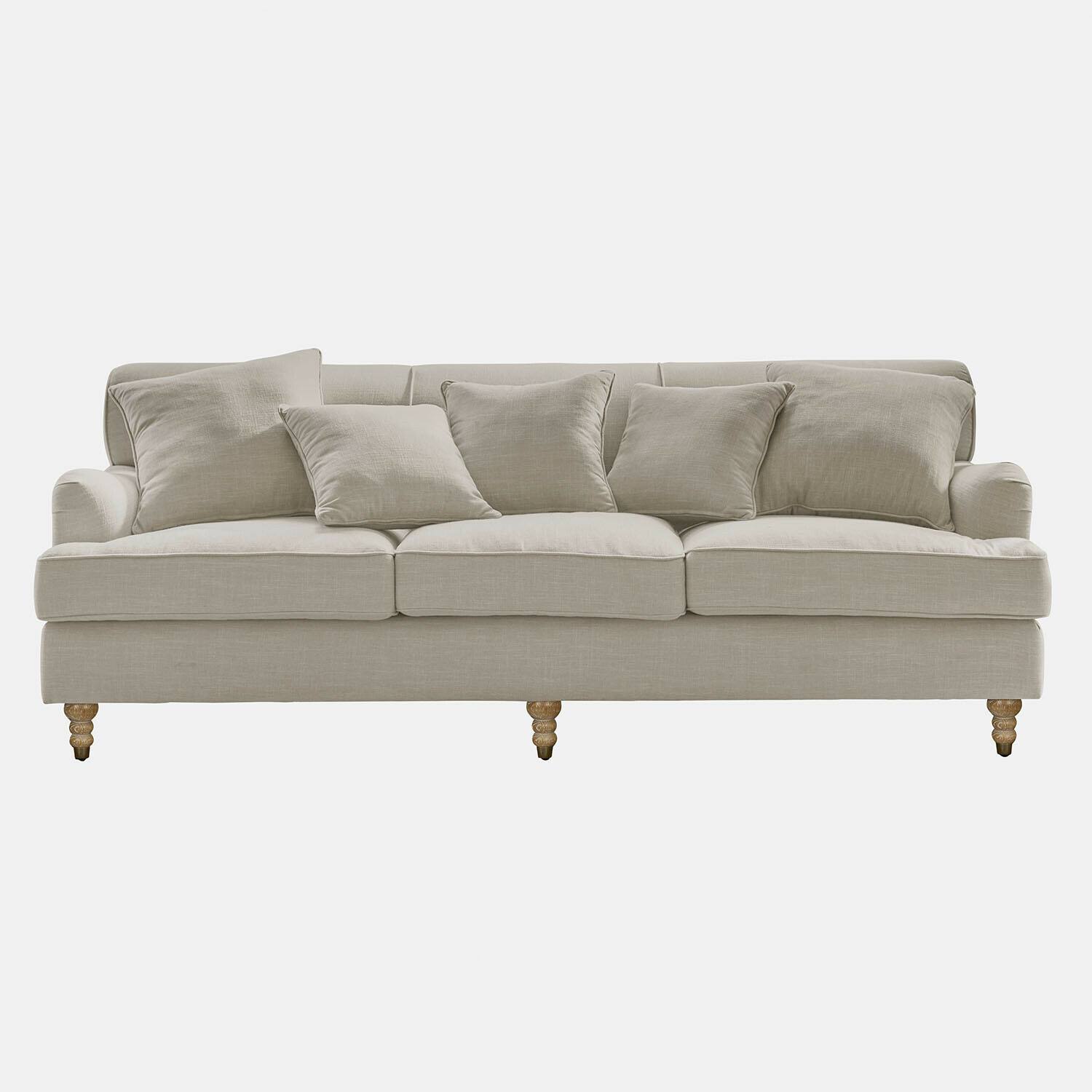 Sofa Isa Beżowa sofa z tkaniny z poduszkami i drewnianymi nogami, wygodne meble do salonu