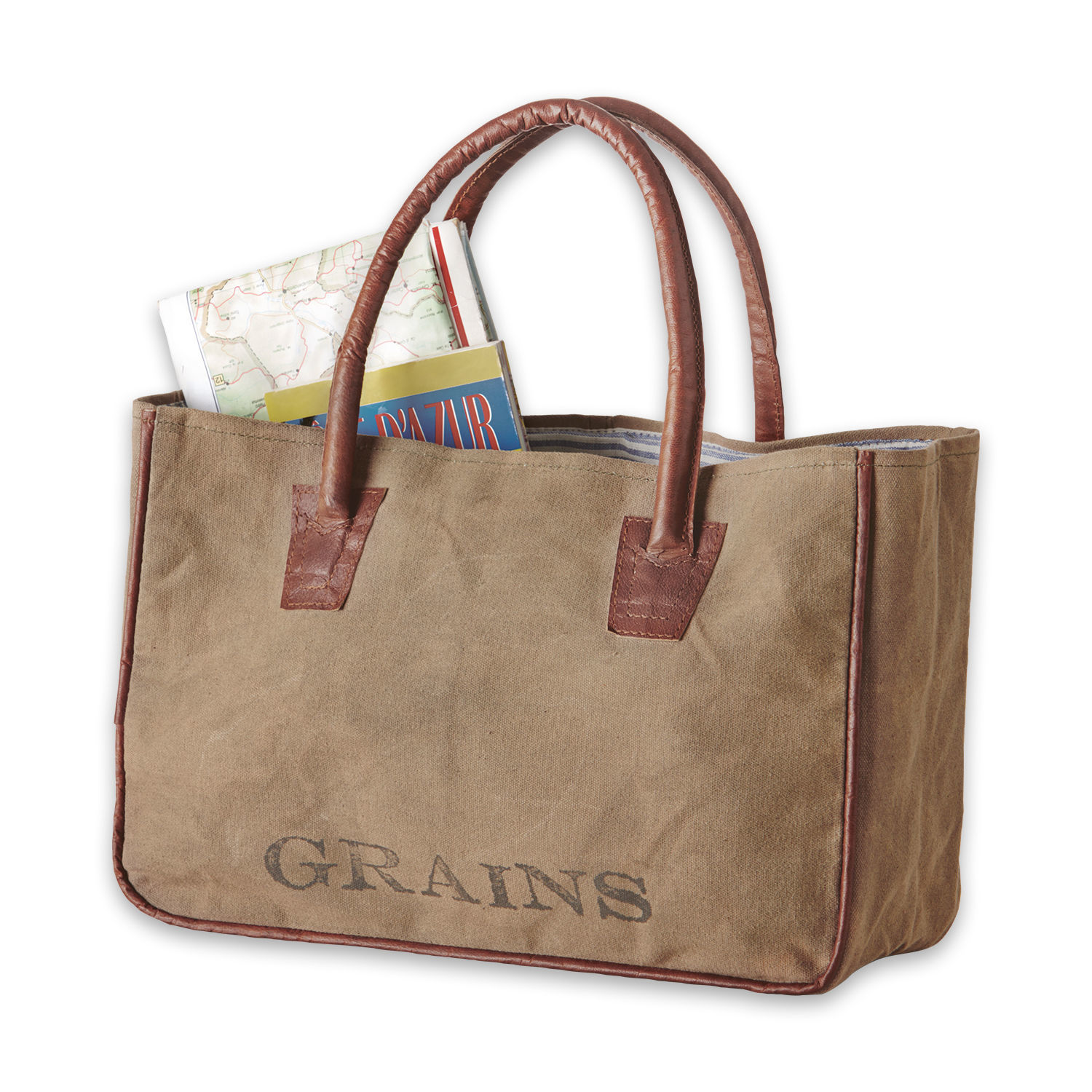 Torba Grains Torba z materiału i brązowej skóry z napisem GRAINS, idealna na zakupy i podróże