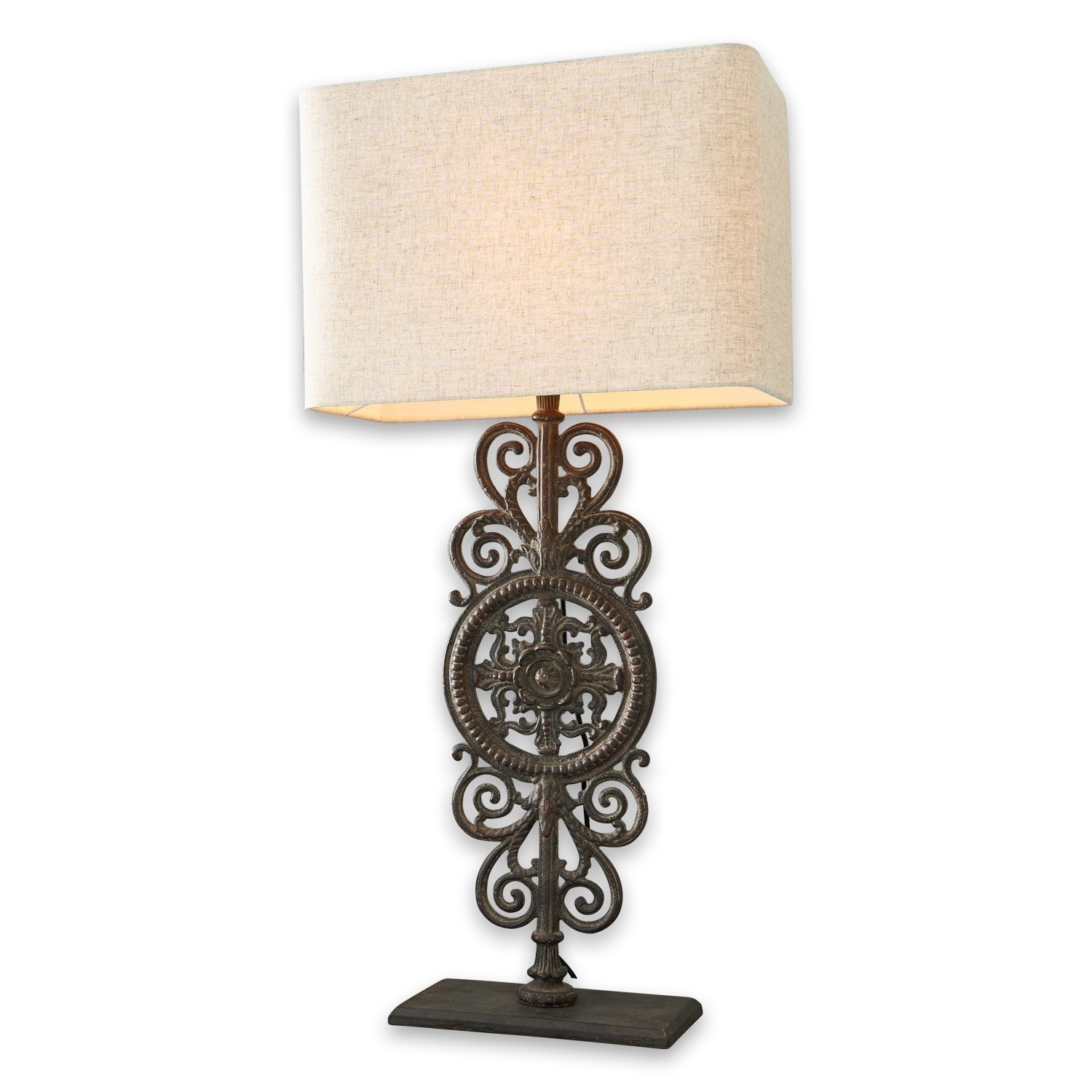 Lampa stołowa Drubec Lampka stołowa z metalową, ozdobną podstawą i beżowym abażurem do salonu