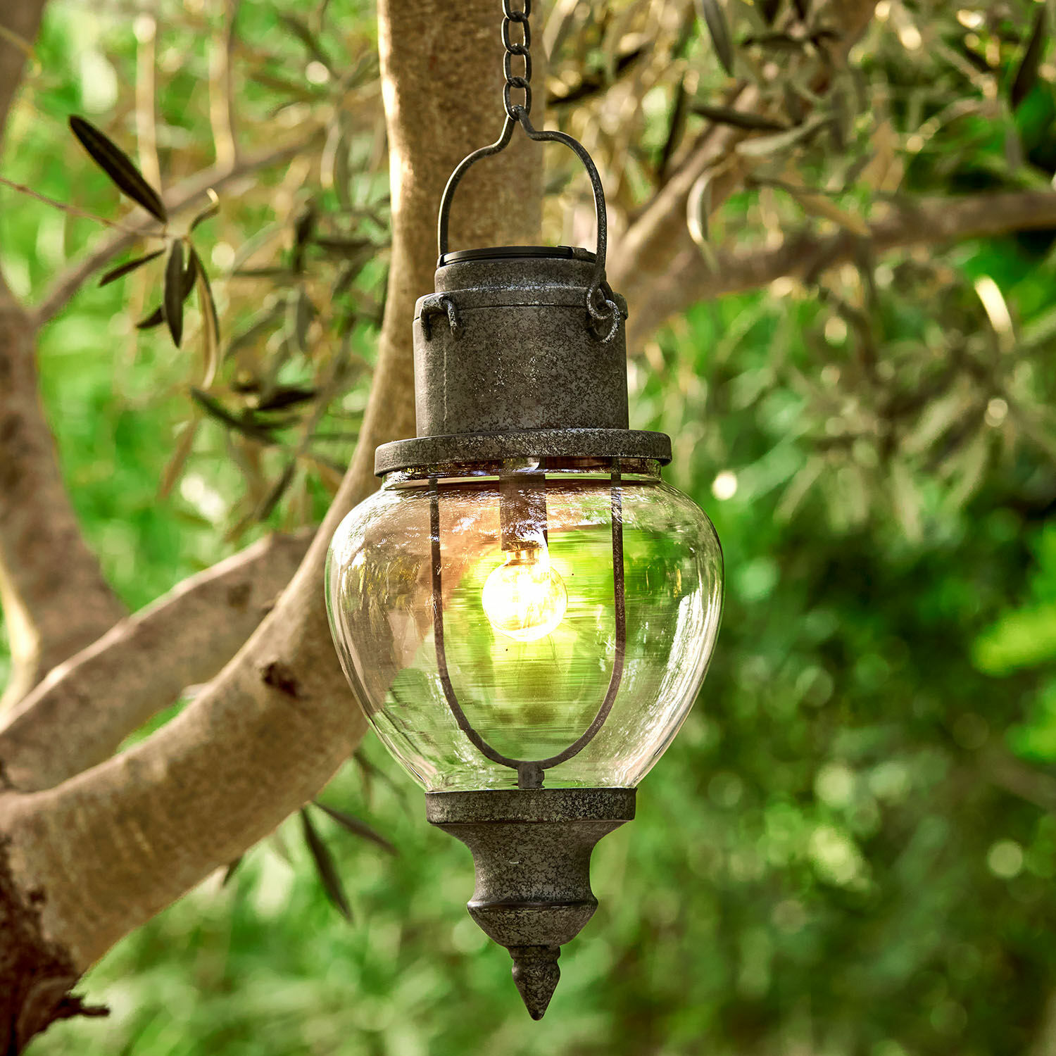 Wisząca latarnia solarna Relixan Wisząca lampa ogrodowa z metalowym szarym korpusem i przezroczystym szklanym kloszem, oświetlenie zewnętrzne