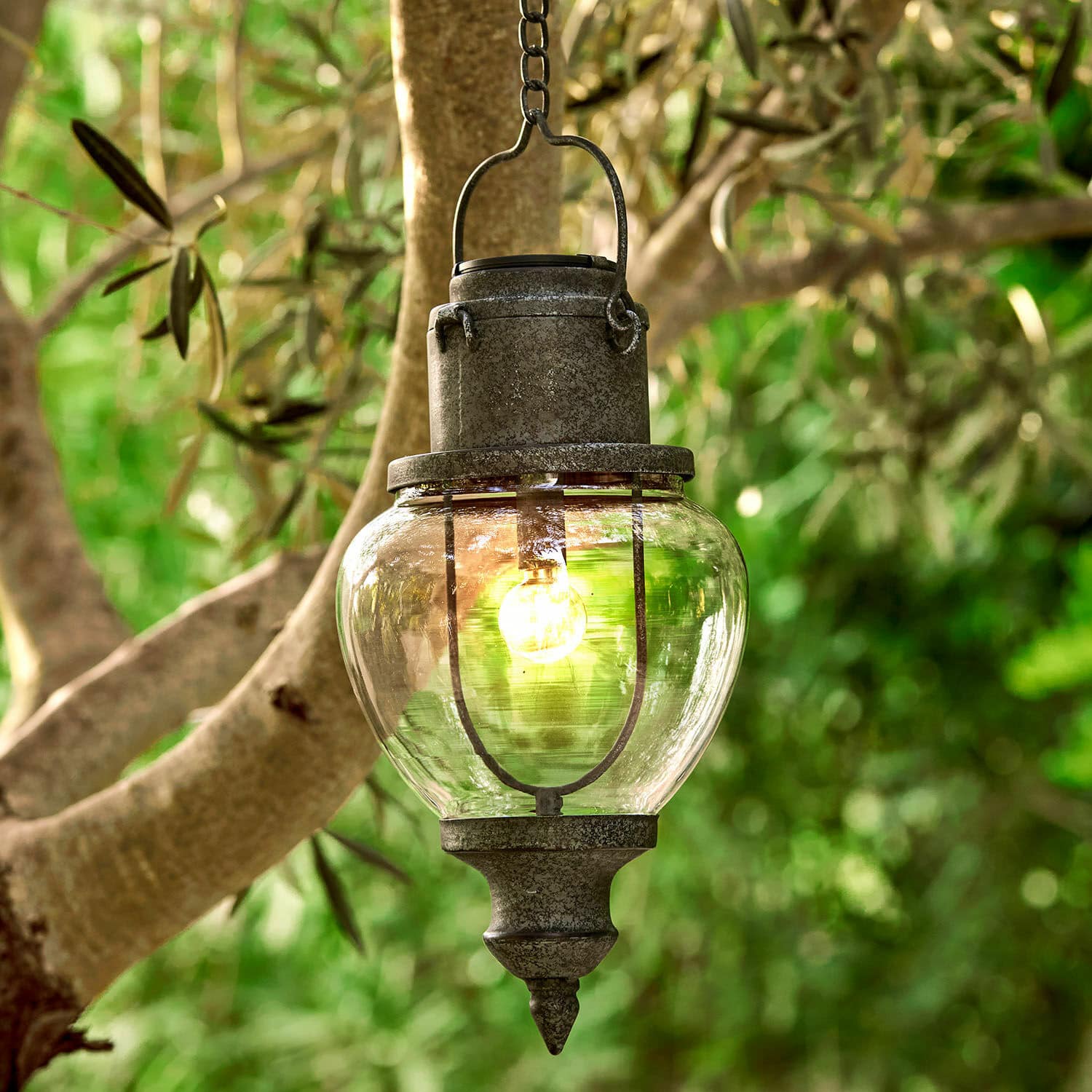 Wisząca latarnia solarna Relixan Wisząca lampa ogrodowa z metalowym szarym korpusem i przezroczystym szklanym kloszem, oświetlenie zewnętrzne