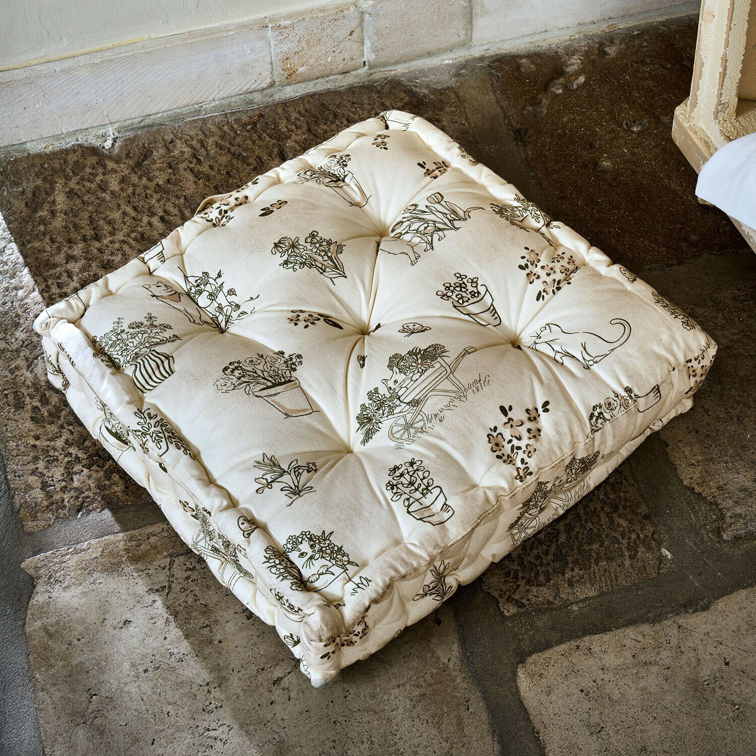 Gruba kremowa poduszka na podłogę z nadrukiem roślin i kota, miękka bawełna, dekoracja wnętrz