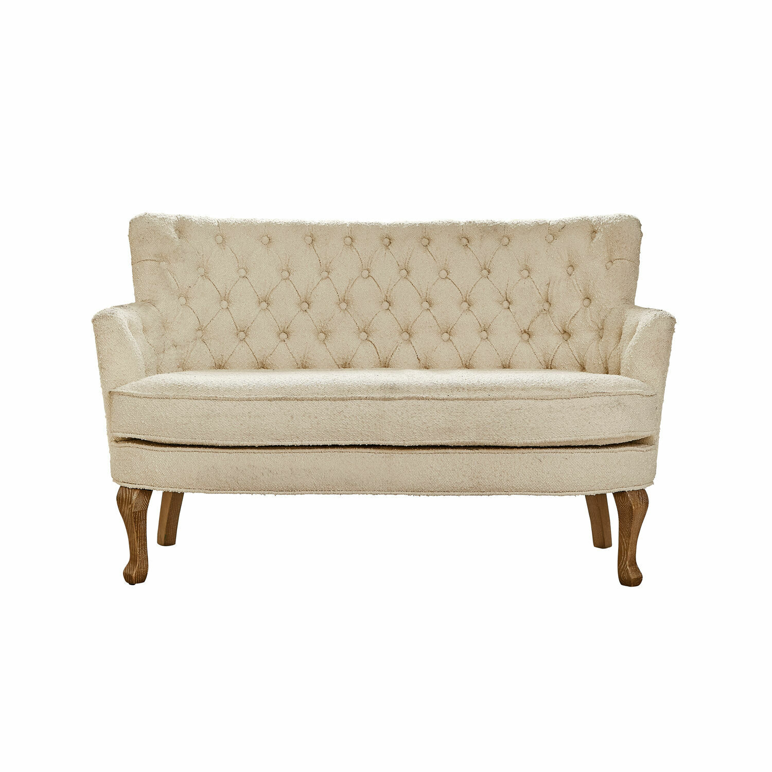 beżowy Beżowa sofa Calgary z miękkiego materiału z pikowanym oparciem i drewnianymi nogami, styl vintage