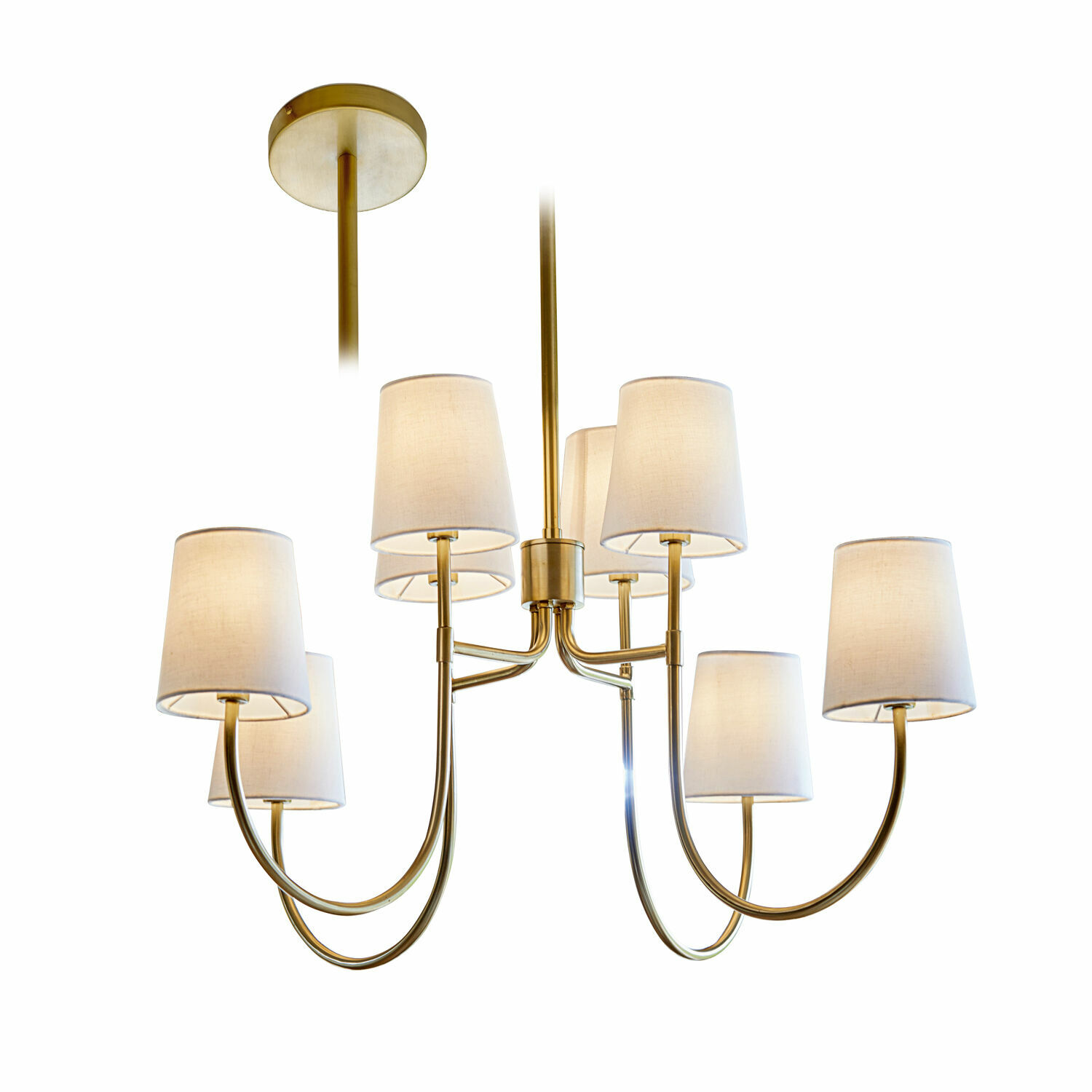 Lampa wisząca Plainfield Lampa wisząca z mosiądzu z ośmioma białymi abażurami z tkaniny, elegancki żyrandol do salonu