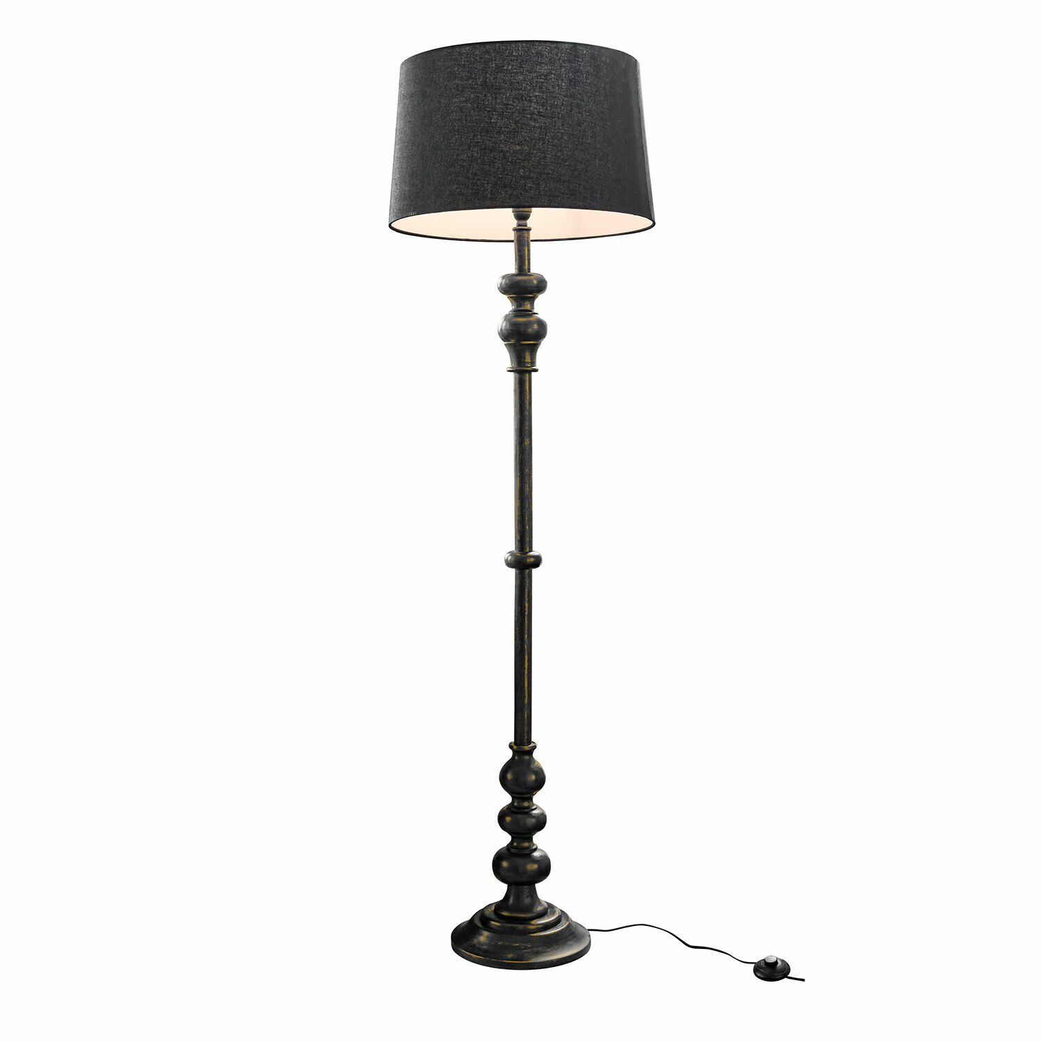 Lampa stojąca Reville Czarna podłogowa lampa z metalową podstawą i tekstylnym abażurem, styl vintage do salonu