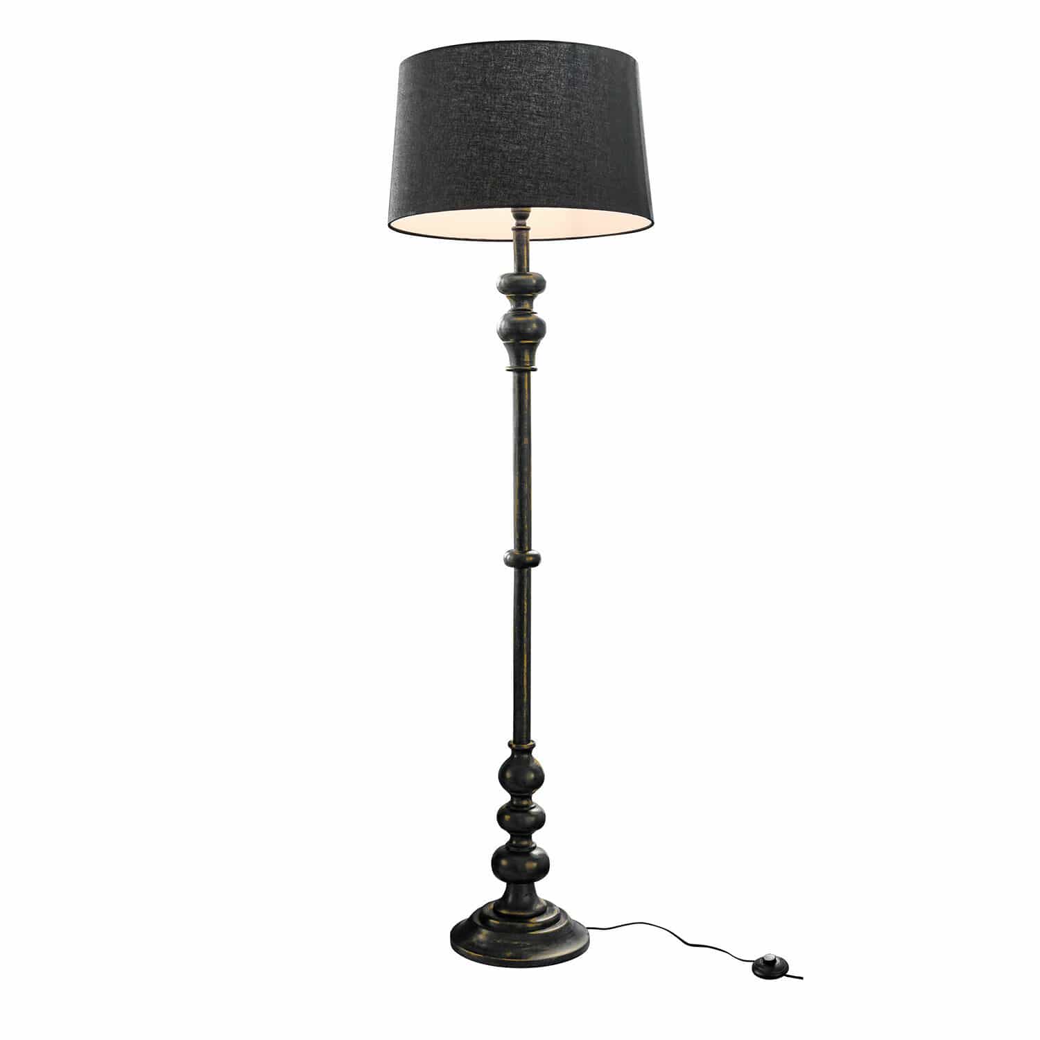 Lampa stojąca Reville Czarna podłogowa lampa z metalową podstawą i tekstylnym abażurem, styl vintage do salonu