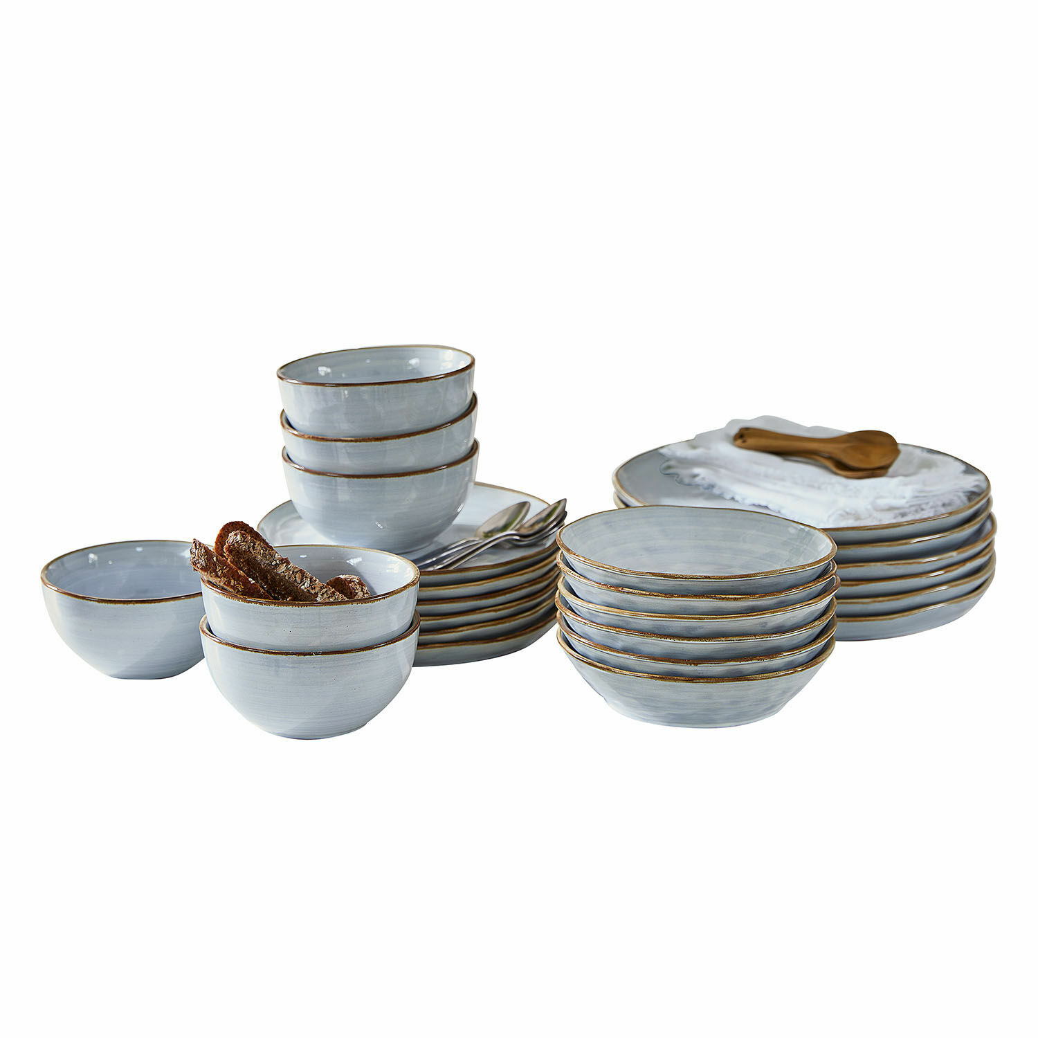 Zastawa stołowa, zestaw 20 szt. Veena Zestaw ceramicznych talerzy i misek w szarym kolorze z brązową krawędzią do serwowania posiłków