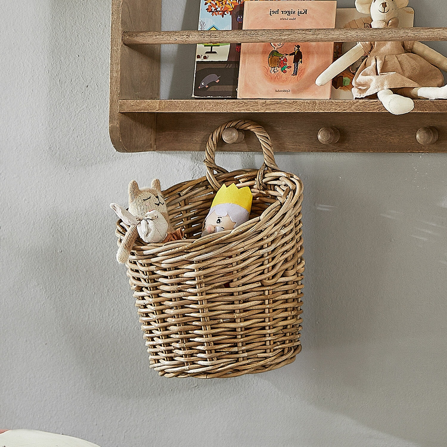 Kosz Korovu Naturalny wiklinowy kosz wiszący z zabawkami, praktyczne rozwiązanie do przechowywania w pokoju dziecięcym