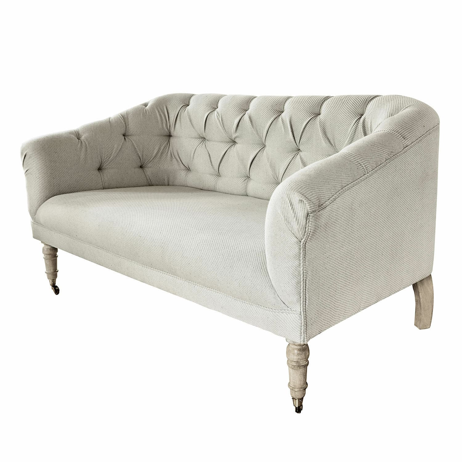 Kremowa sofa Vouilly z tkaniny z pikowanym oparciem i drewnianymi nogami, elegancki mebel do salonu